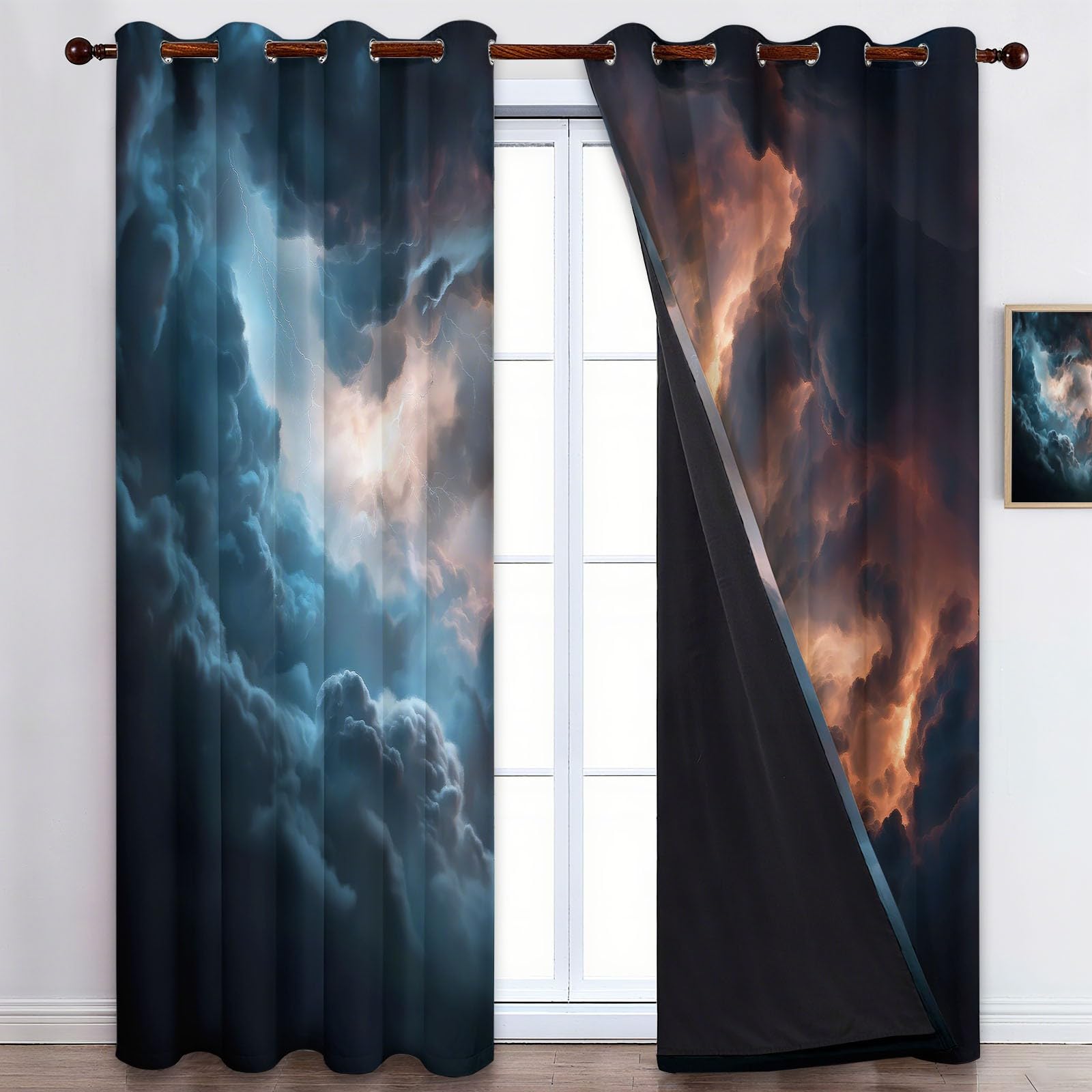 Rideau Occultant Gris, Style Fantastique Nuages Sombres Éclairs Rideaux à Oeillets, Rideau Thermique Isolant Anti Froid et Chaleur pour Salon Chambre Fenetre Décoration 110L x 215H cm Lot de 2