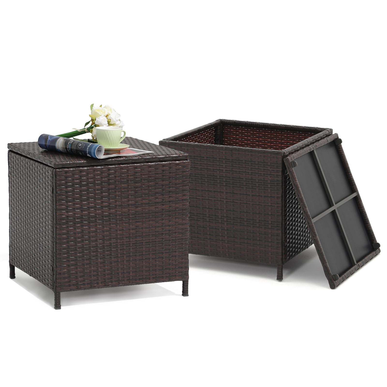 Verano Garden Outdoor Wicker Side Table Set of 2, Small Storage Rattan Wicker End Table, Square Resin Coffee Table for Garden Porch Deck Living Room