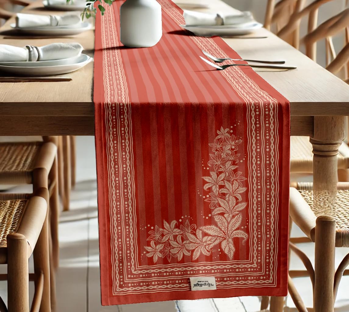 Premium Cotton Table Runner - Lightweight Double Layer - Border Design - Machine Washable Farmhouse Table Decor - Floral