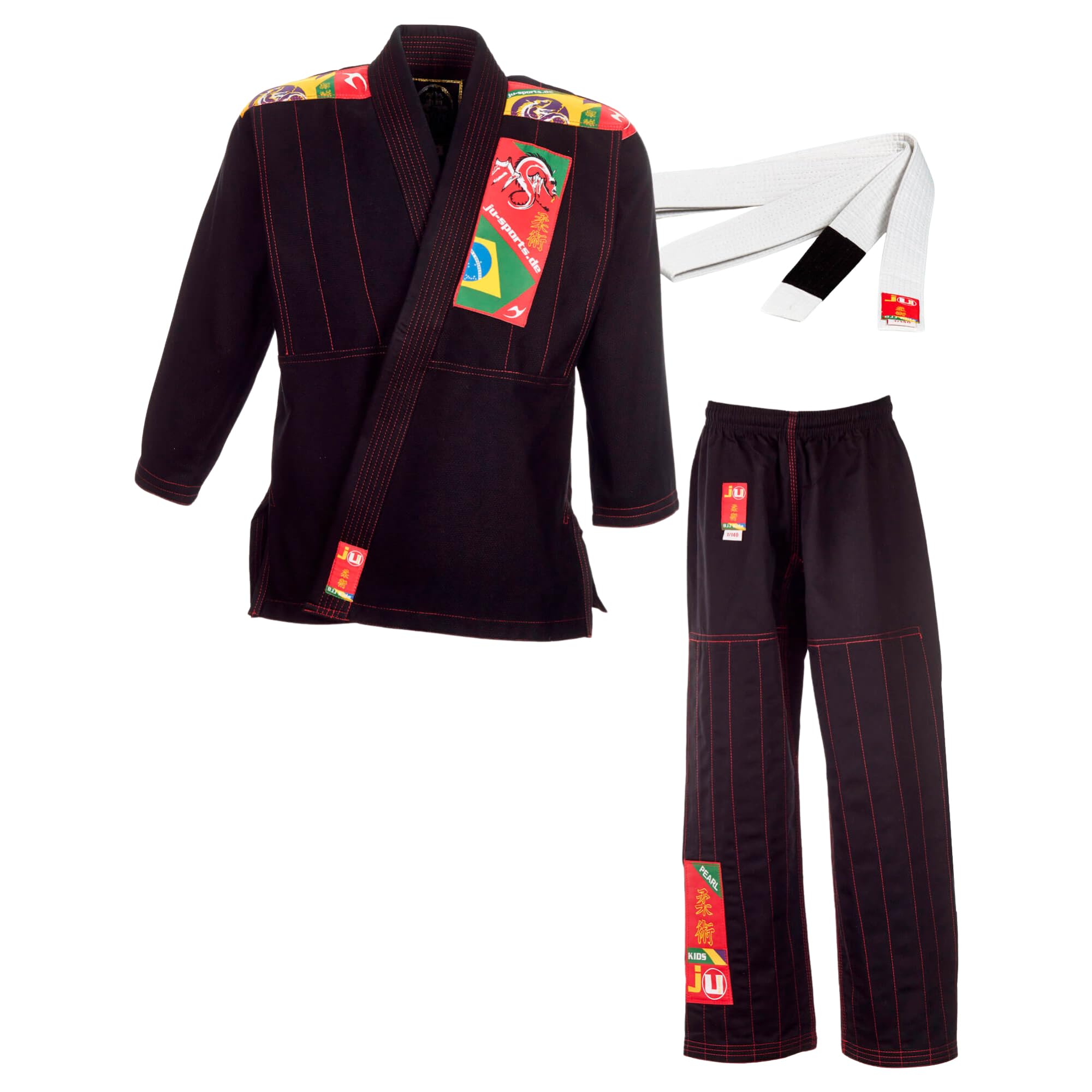 Ju-Sports BJJ Gi Kids schwarz - Leichter, schlanker Brazilian Jujutsu Anzug speziell für Kinder, BJJ Gi im bunten Design inkl. weißem Gurt, 100% Baumwolle