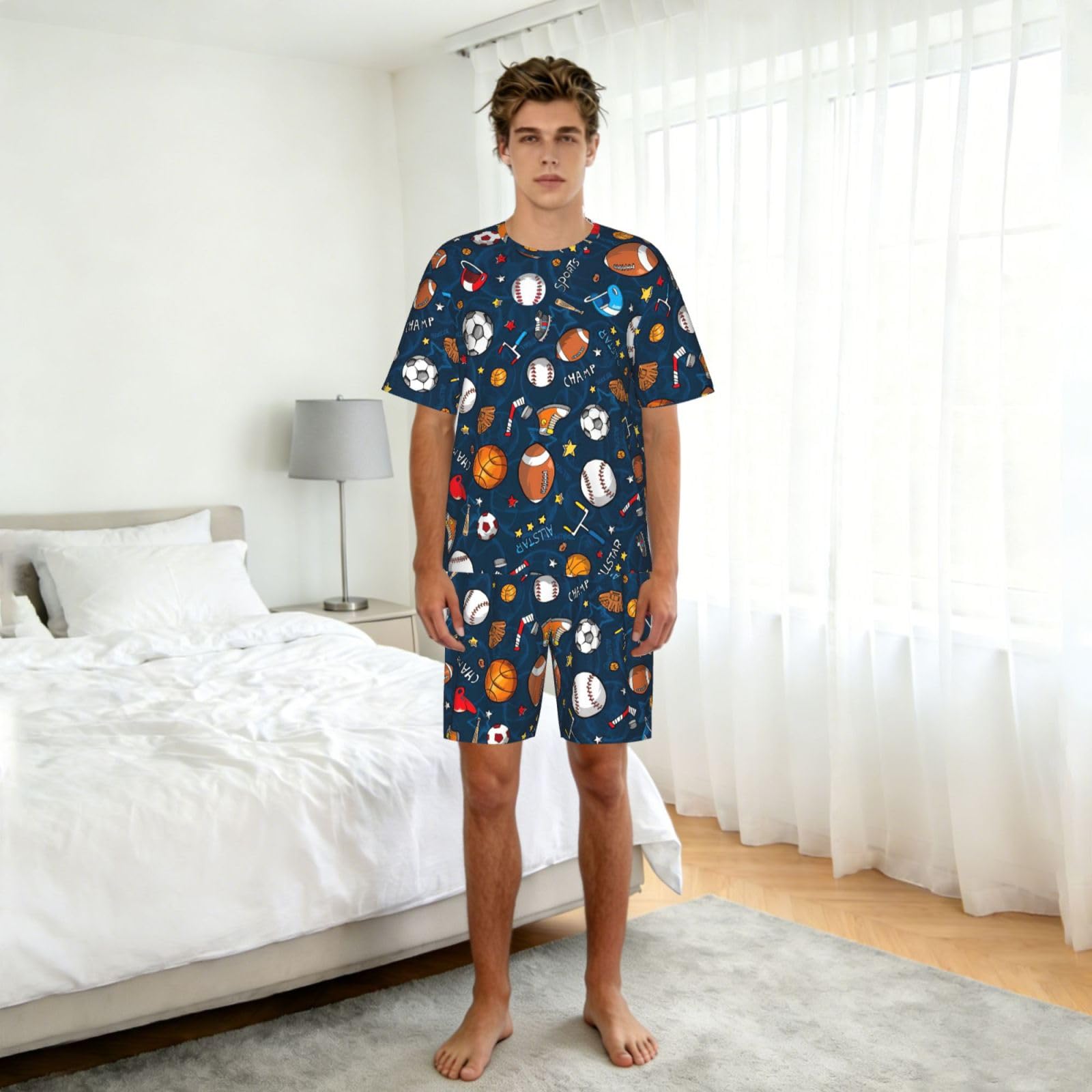 Conjunto de pijama deportivo con estampado de juego de béisbol para hombre, pantalones cortos de pijama cómodos para hombre, perfecto para las noches de verano