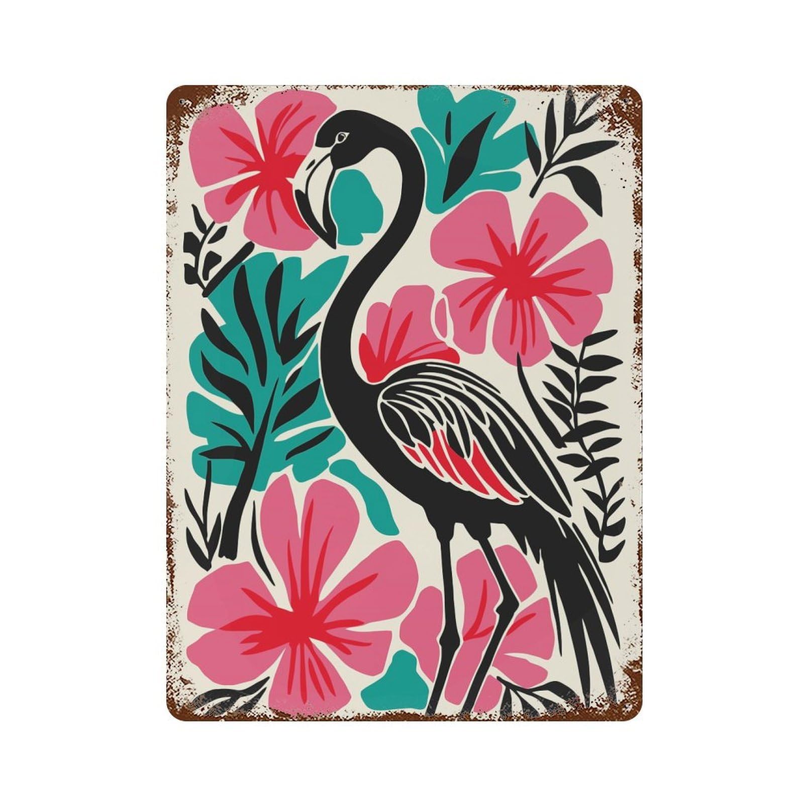 Stylized Flamingo with Tropical Floral Background Decorative Tin Sign 15.7"x11.8", Shabby Chic Decor for Garage, Pub Or Kitchen