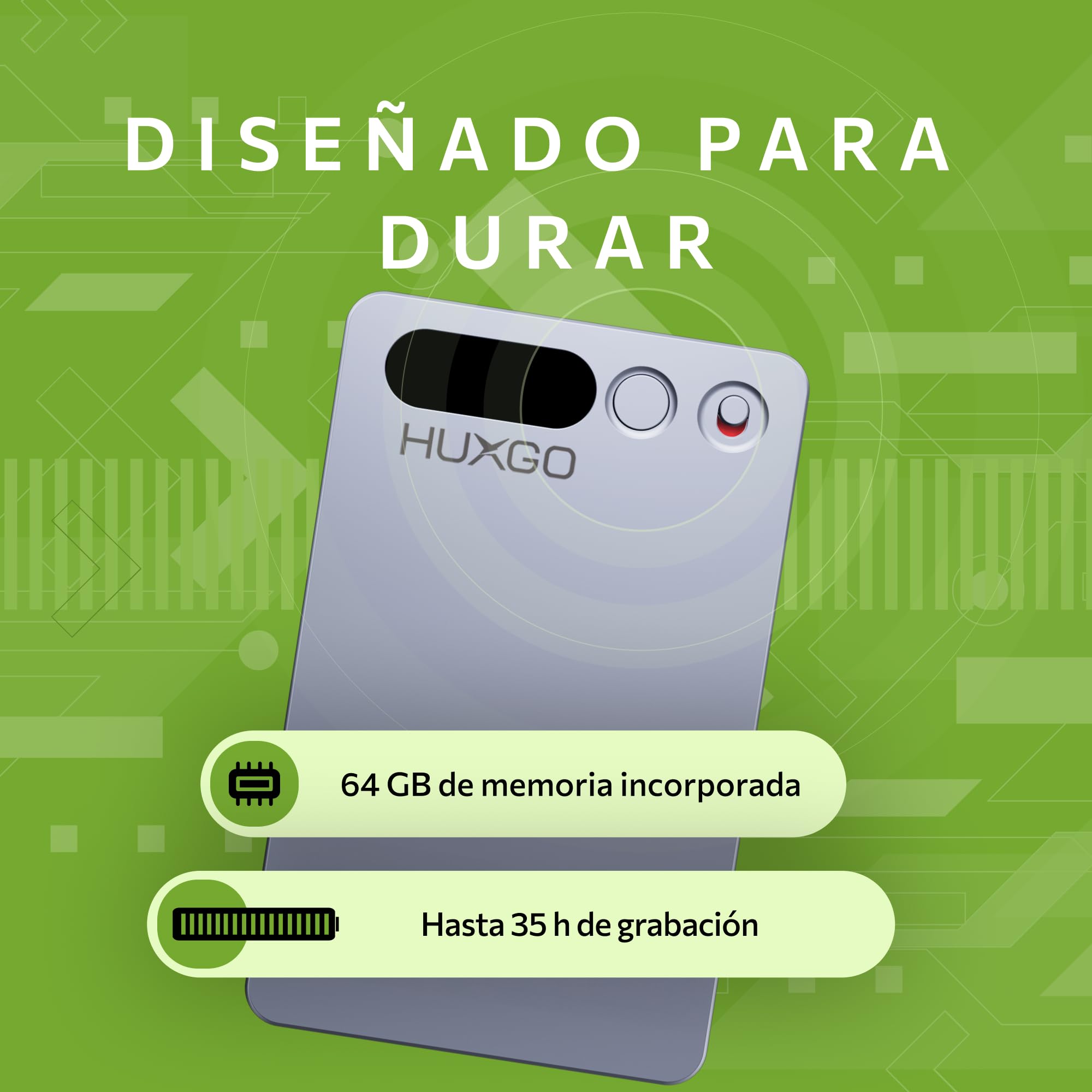 Grabadora de Voz – 64GB con Doble Micrófono y Reducción de Ruido – Batería de 35h, Bluetooth 5.3 – Transcripción y Traducción por App (118+ Idiomas) – HUXGO®