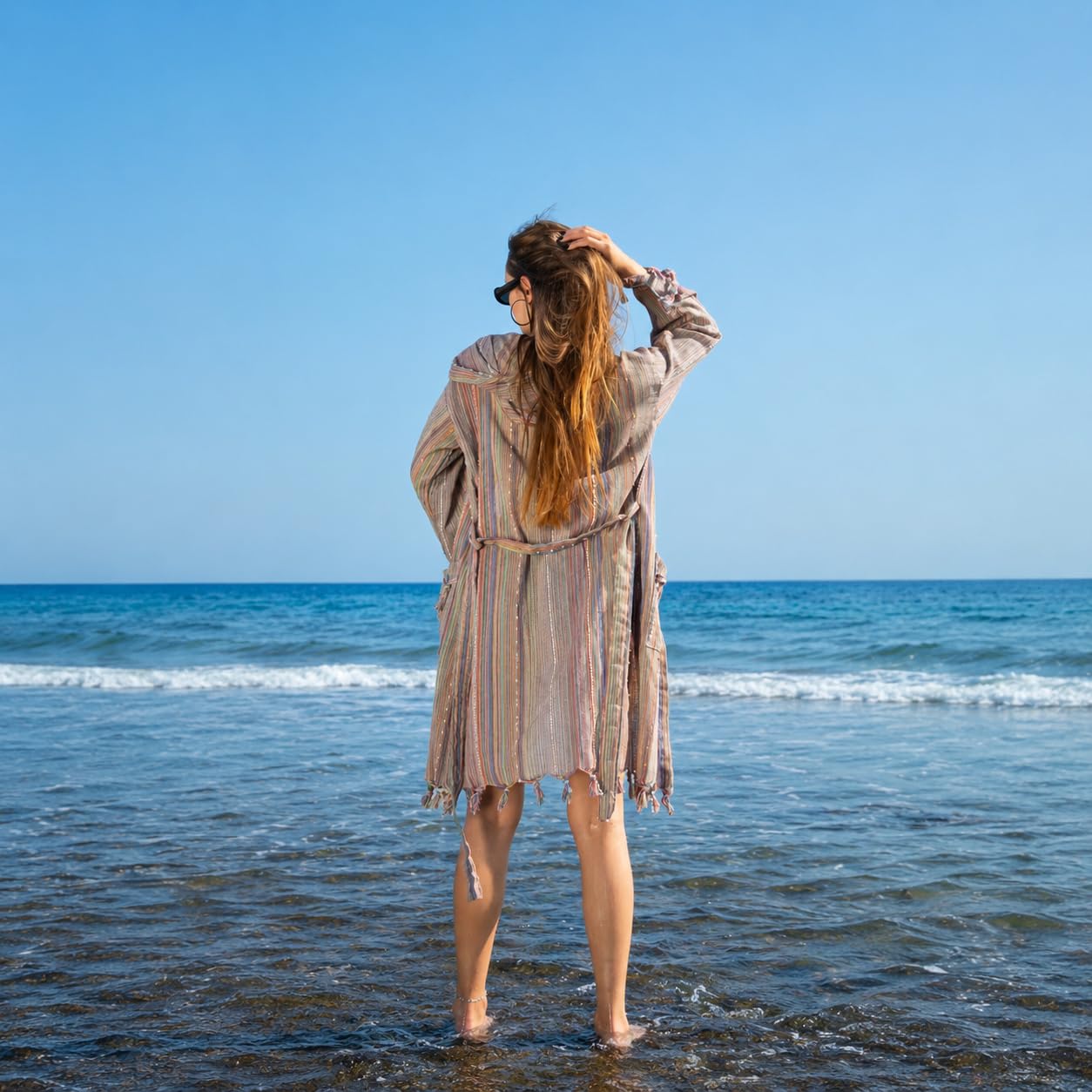 Peignoir de plage pour femme - Style Ibiza Beach Cover Up avec capuche - 100 % coton - Kimono à franges - Couverture de bikini - Robe spa et sauna