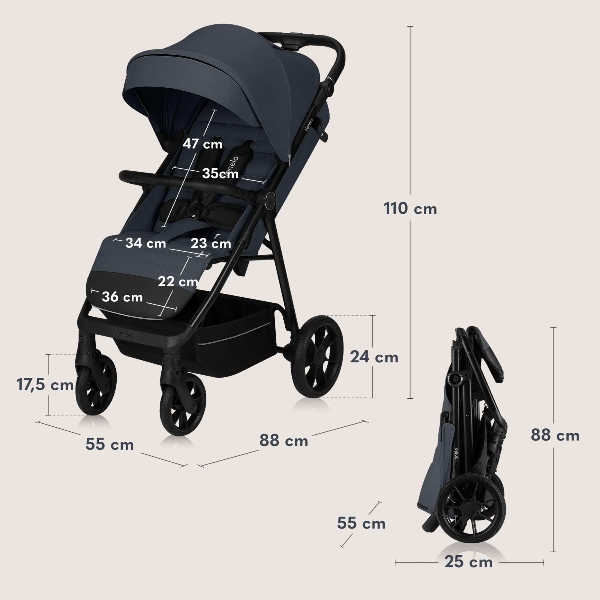 LIONELO IVA Silla Paseo Ligera Hasta 22 kg de 6 m a 4 años Ruedas Giratorias 360° Suspensión Total Ajuste del Manillar Respaldo y Reposapiés y Capota XXL UPF50+ Tejido Premium