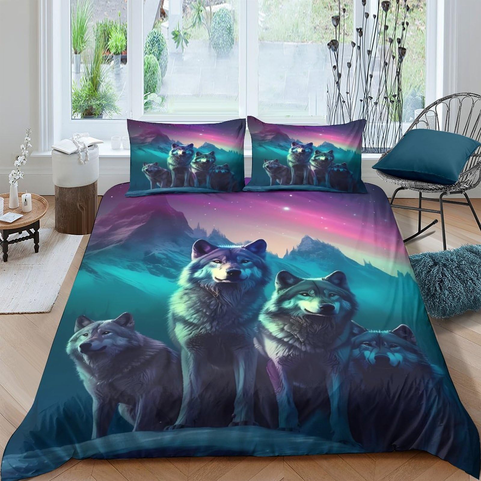 Ctjqhvkz Style-7 3D Printed Aurora Wolf Fitted Sheet Microfiber Soft Mountain Sky Mattress Cover For Bedroom Dorm Decor Protection Single（135X200cm）