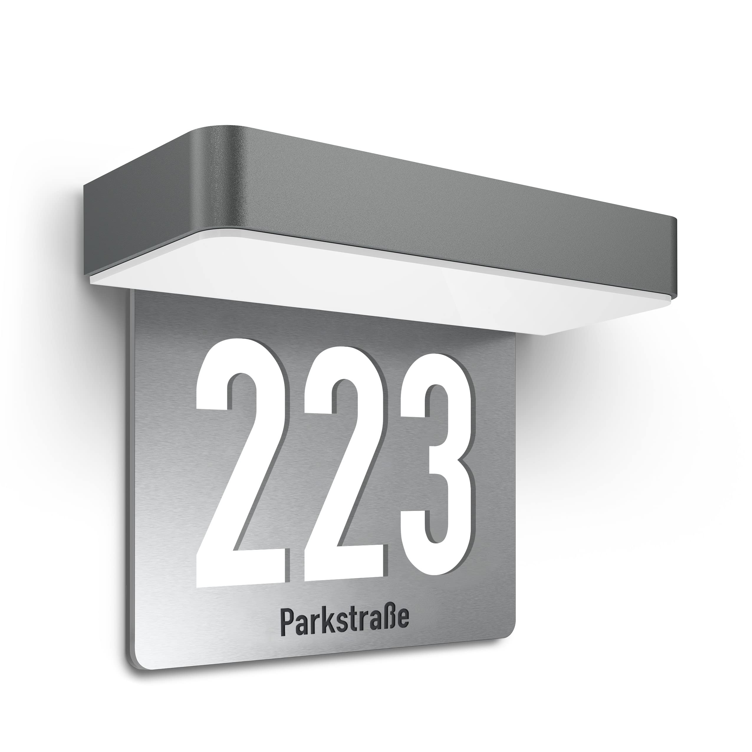 Steinel My Xsolar SOL-O HN, Hausnummernschild Edelstahl beleuchtet, gestanzte Ziffern und Gravur individuell wählbar…