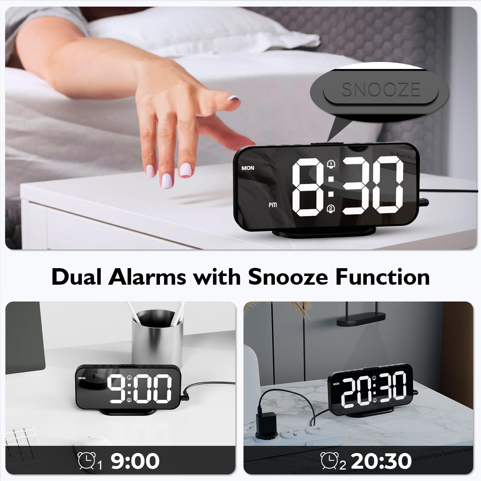 Sveglia Digitale da Comodino a LED,Sveglia da Comodino con Funzione Snooze,Orologio Digitale con Doppio Programma di allarme,12/24H,2 Porte di Ricarica USB