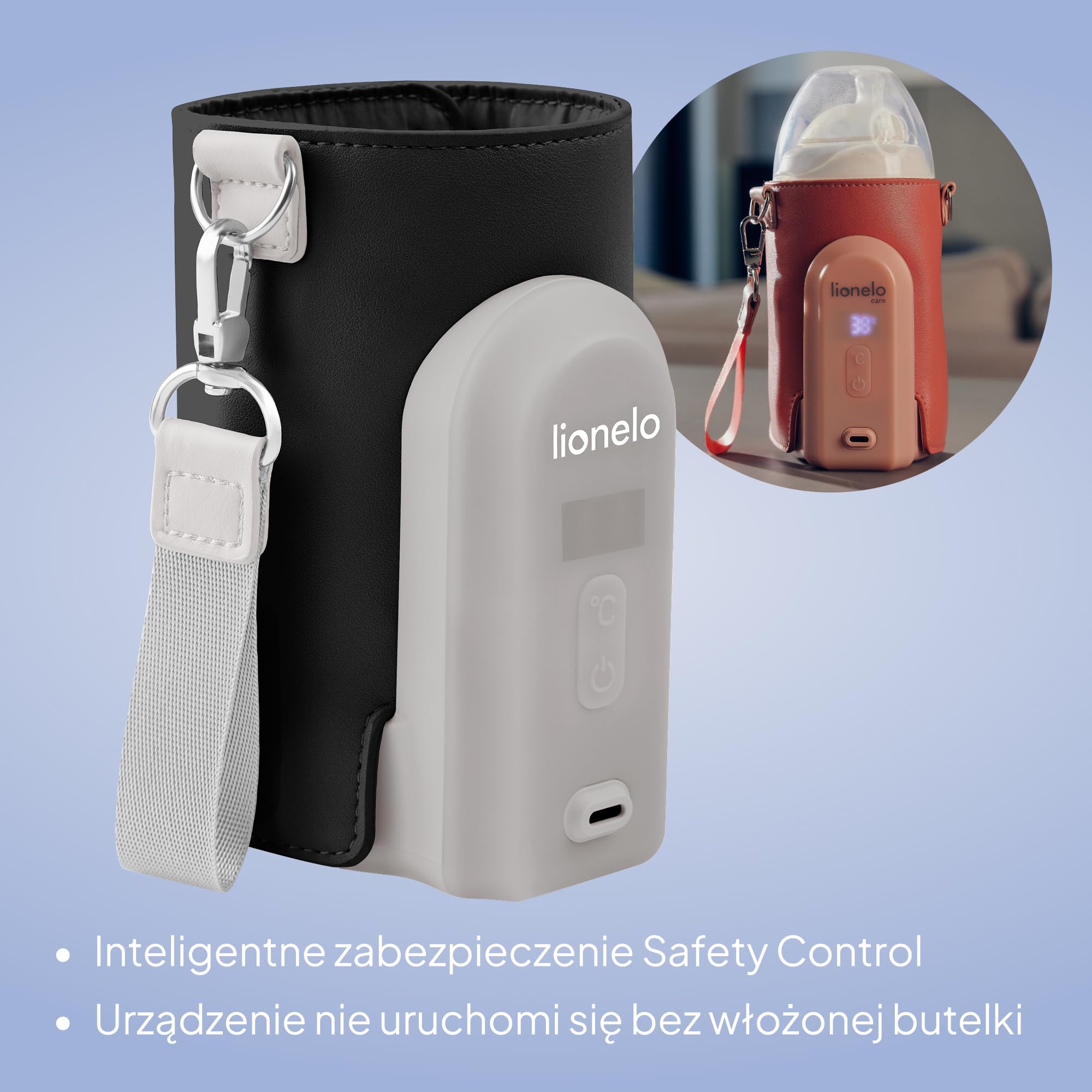 Lionelo Thermup Go Evo Zaawansowany przenośny podgrzewacz do butelek z baterią USB-C 9 godz., wyświetlacz LCD, 5 ustawień temperatury 38-50°C, pasuje do butelek 50-80 mm, kompatybilny z ładowarką