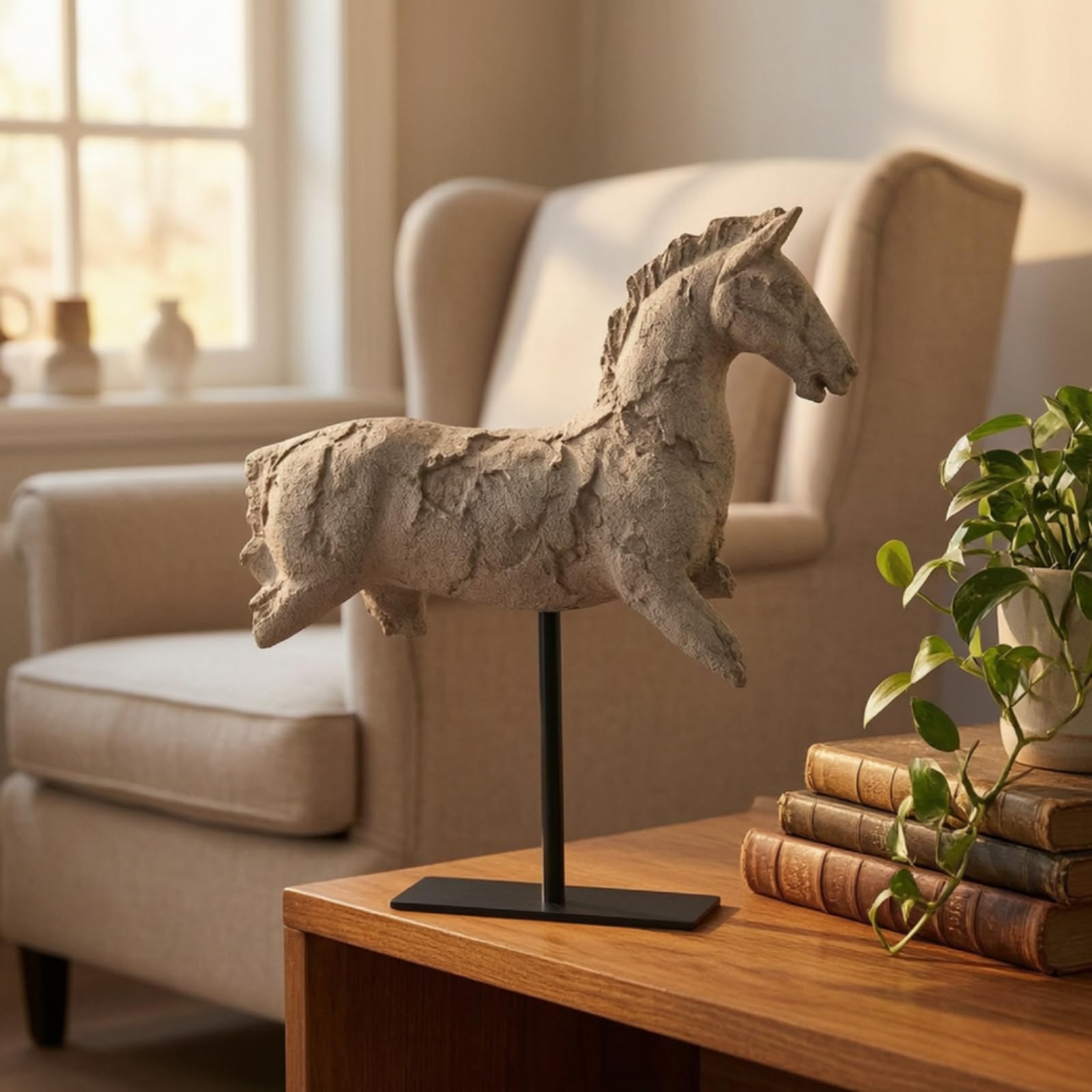 Escultura de Caballo Decorativa en Resina con Acabado Rústico y Textura Esculpida sobre Soporte de Metal Robusto Adecuada para Consola Sala Oficina Librería, Gris, 31.5 10 40cm