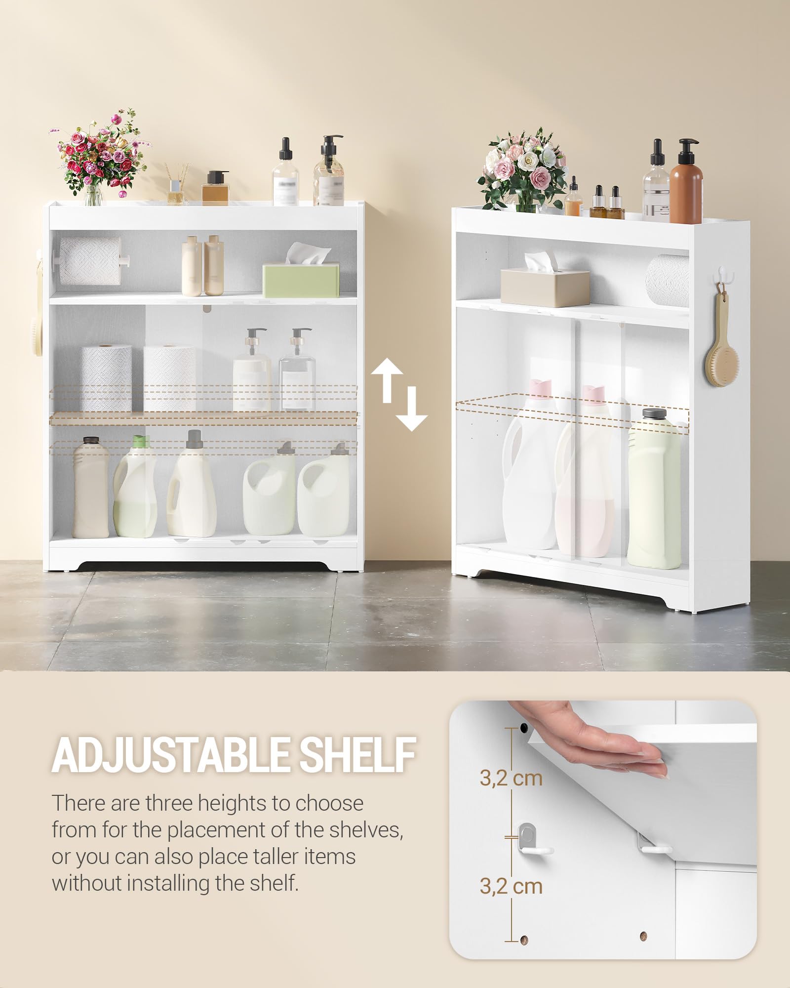 Hzuaneri Badezimmerschrank, Nischenschrank, Platzsparende Badschrank mit Toilettenpapierhalter und Haken, Schiebetür, Verstellbares Regal, für Das Badezimmer, 20 x 80 x 90 cm, Weiß BC63813X
