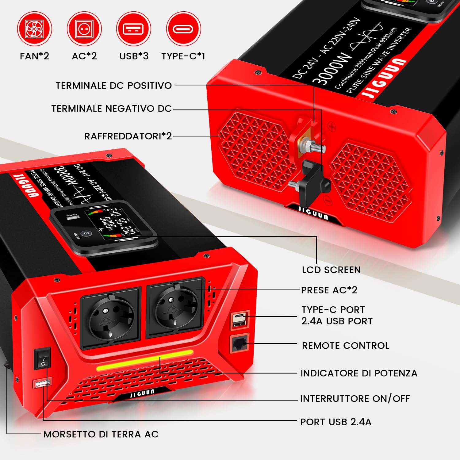 JIGUUN 3000W/9000W Inversor 24V 220V Onda Pura Convertidor Inverter con 2 Tomas EU y 3 Puertos USB y Tycp-C, Adecuado para Autocaravana, Camiones, Camping, Sistemas Fuera de la Red y más (3000W24V)