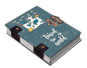 Di-Kraft Handcrafted Cover A5 180 GSM Smooth White Paper Travel The World Printed Writing Diary with Metal Lock Notebook Doodle Journal Planner Unruled Notepad Sketchbook Personal Diaries for Men and Women - 7x5 Inch