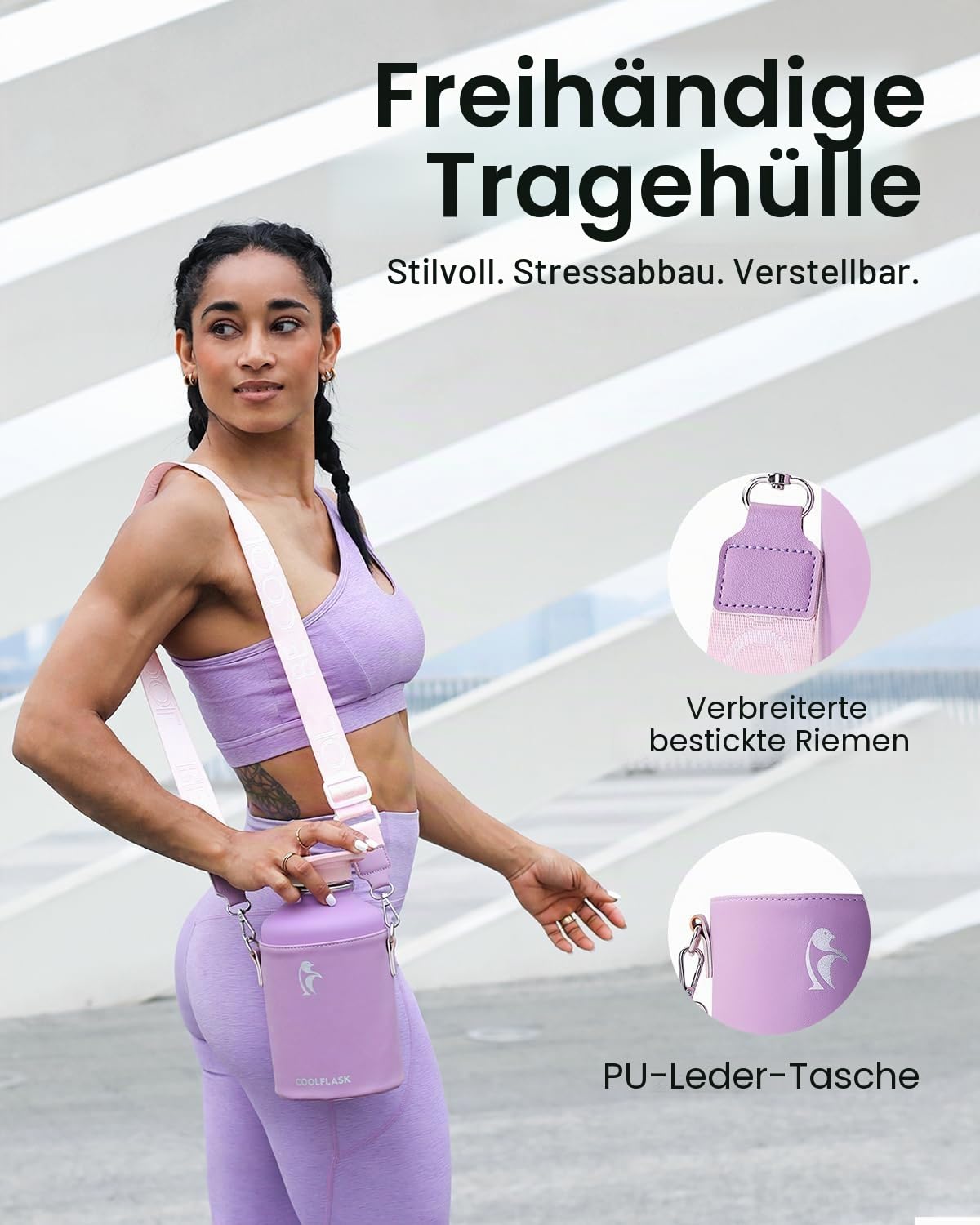 Coolflask Isolierte Wasserflasche mit PU-Lederhülle, 1,8 l Wasserflasche, Farbkontrast mit Strohhalm-Deckeln, großer Edelstahl-Krug, hält 48 Stunden heiß 24 Stunden kalt, lila