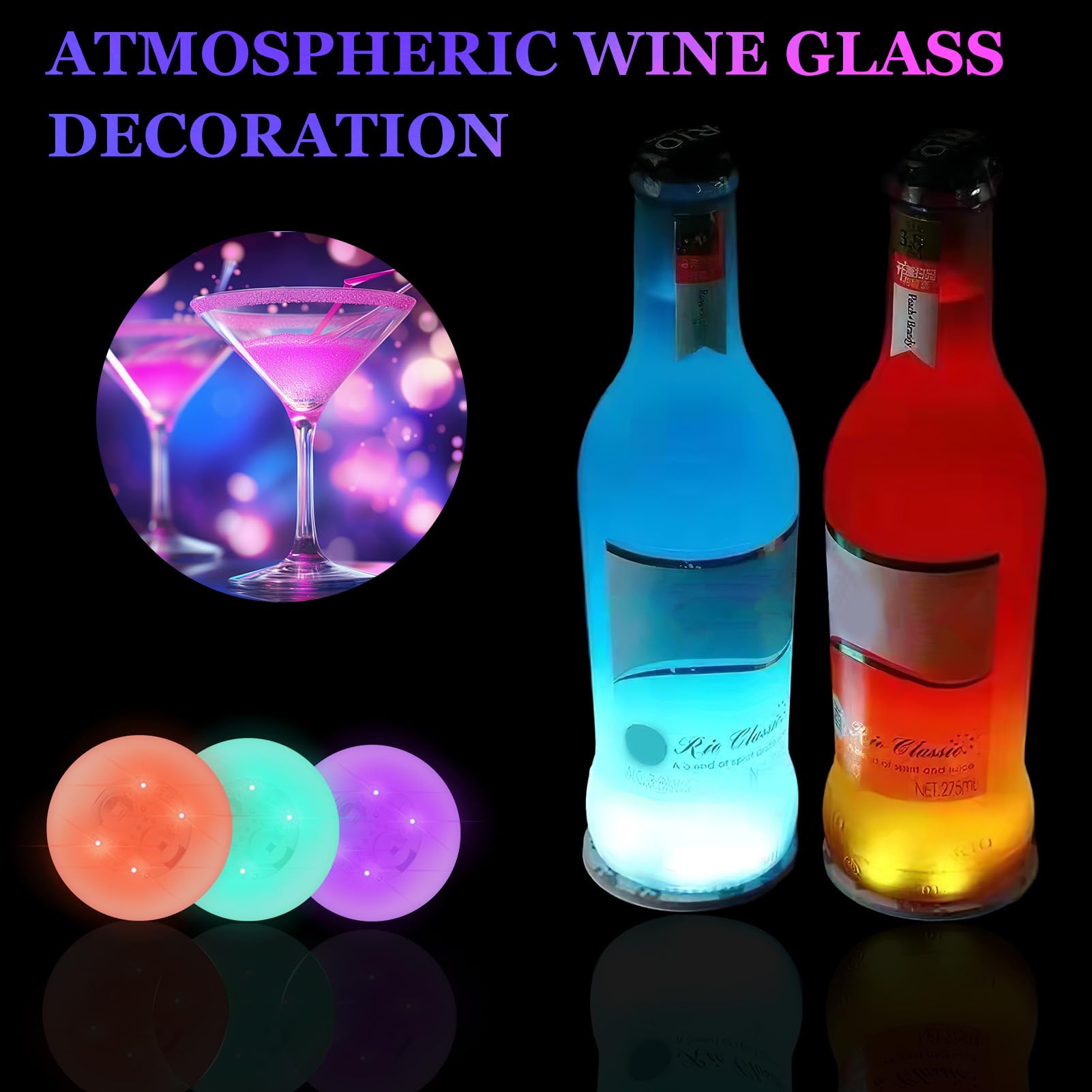 12 Pegatinas LED de Ambiente para Botellas y Tazas, Posavasos LED 6luz de Colores y 6luz Blancas Frías, Luces Autoadhesivas para Fiestas Bar, 6cm