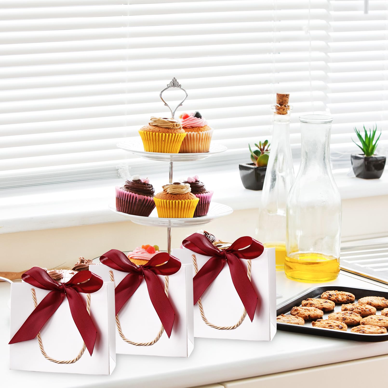 10 Pack Small White Gift Bags with Ribbons and Handles - Mini Party Favour Bags for Wedding Baby Shower (5.51 x 2.36 x 4.72 inches, Wine Red Ribbons) - Image 4