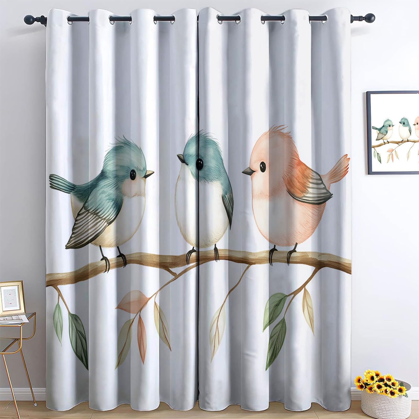 Srigzcaly cartoon bird perched on a branch Blackout Curtains 84 Drop, White Thermal Insulated Eyelet Window Drapes for Bedroom & Living Room - 2 Panels, Total 72" W x 84" L (183x214cm) — image 1