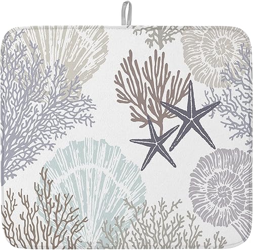 Tapete de secado de platos de playa de verano para encimera de cocina, color verde azulado, beige, gris, coral, estrella de mar, almohadilla de
