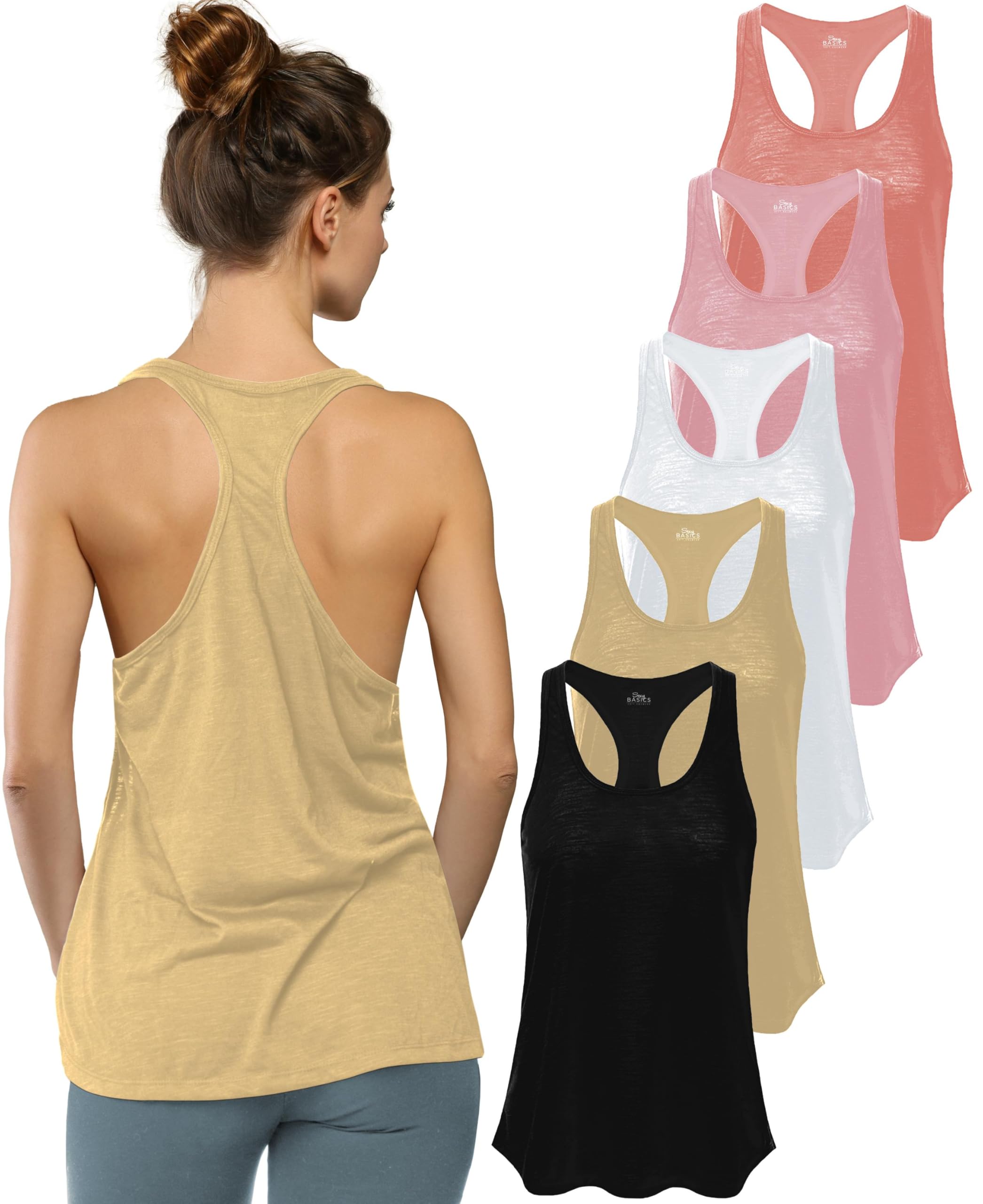 Sexy Basics Women's Everyday Flowy Burnout Slub Racer Back Tanks | Active Workout Tops | Multi Packs &amp; Colors