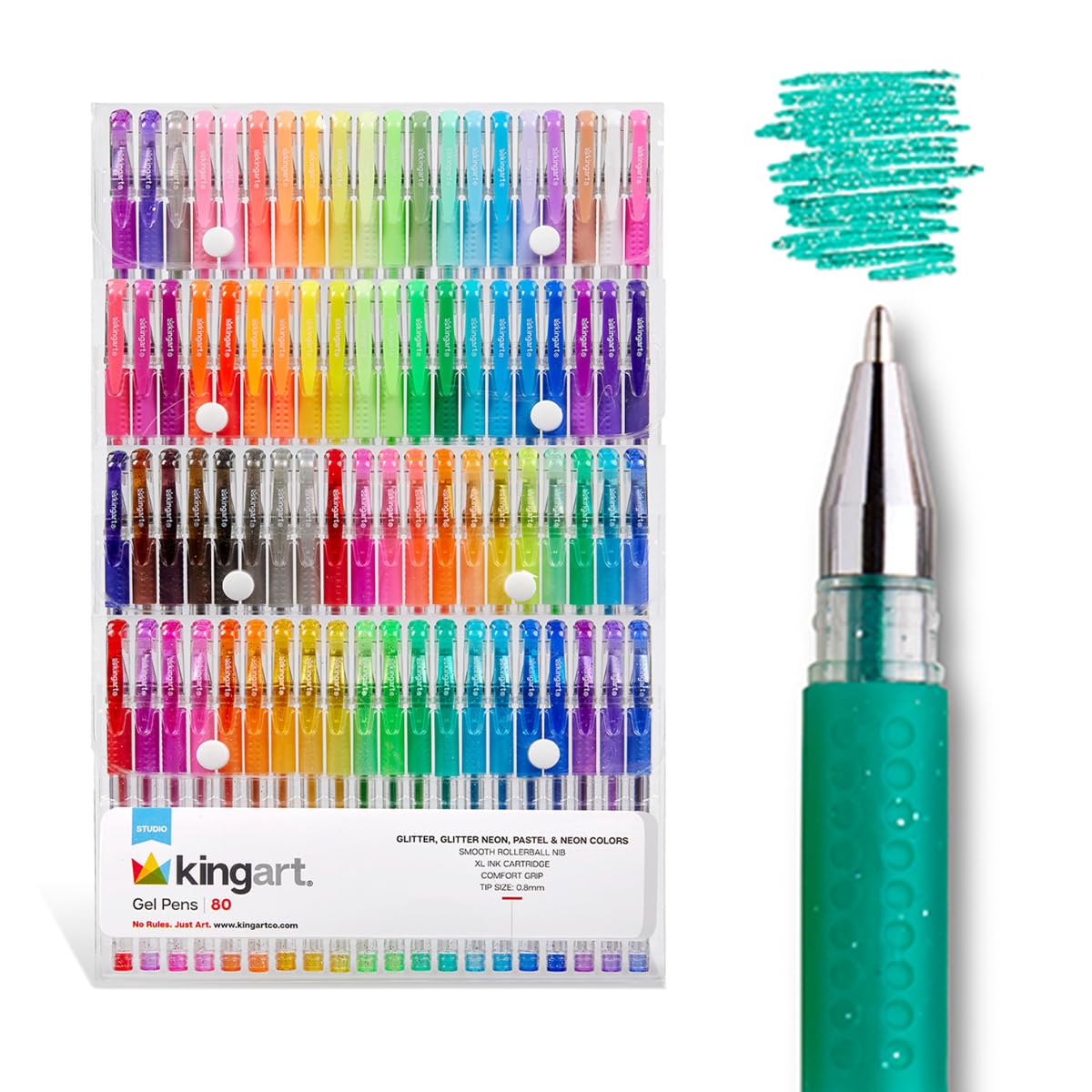 KINGART GLITTER Rollerball GEL PENS, 80 Sparkling Colors with Soft-Grip Comfort, XL Ink Cartridge - For Coloring, Doodling, Scrapbooking, Journaling and General Use, All Ages, 80 Pens
