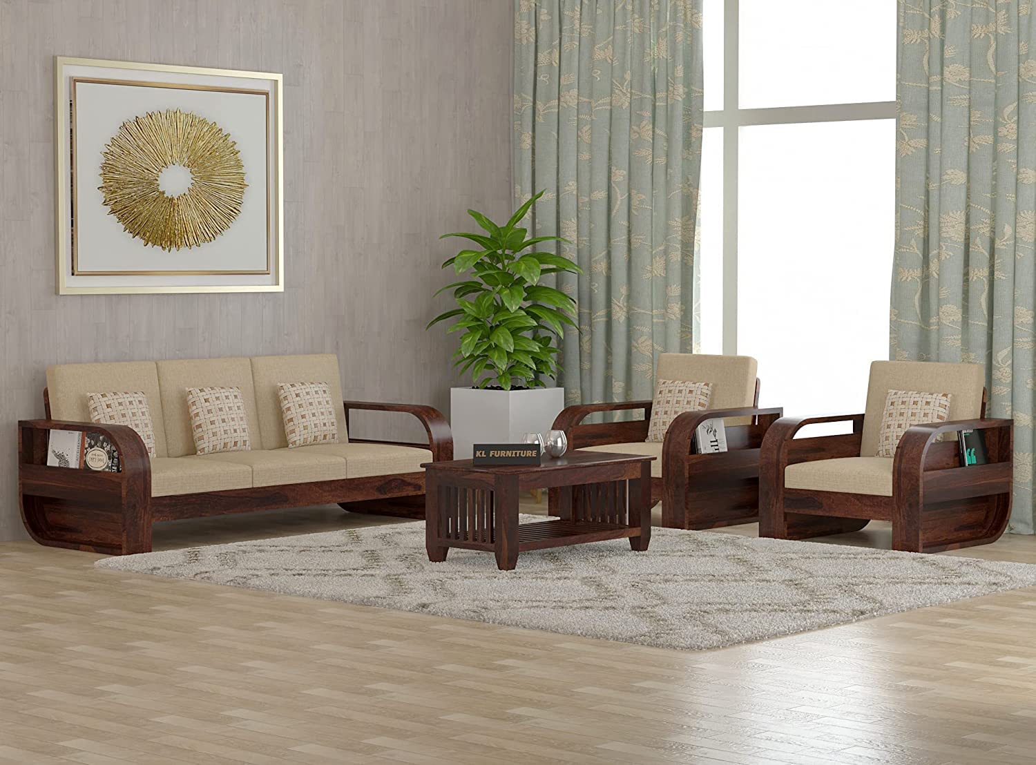 KL Furniture™ Solid Sheesham Wood Sofa Set 5 Seater (3+1+1) for Living