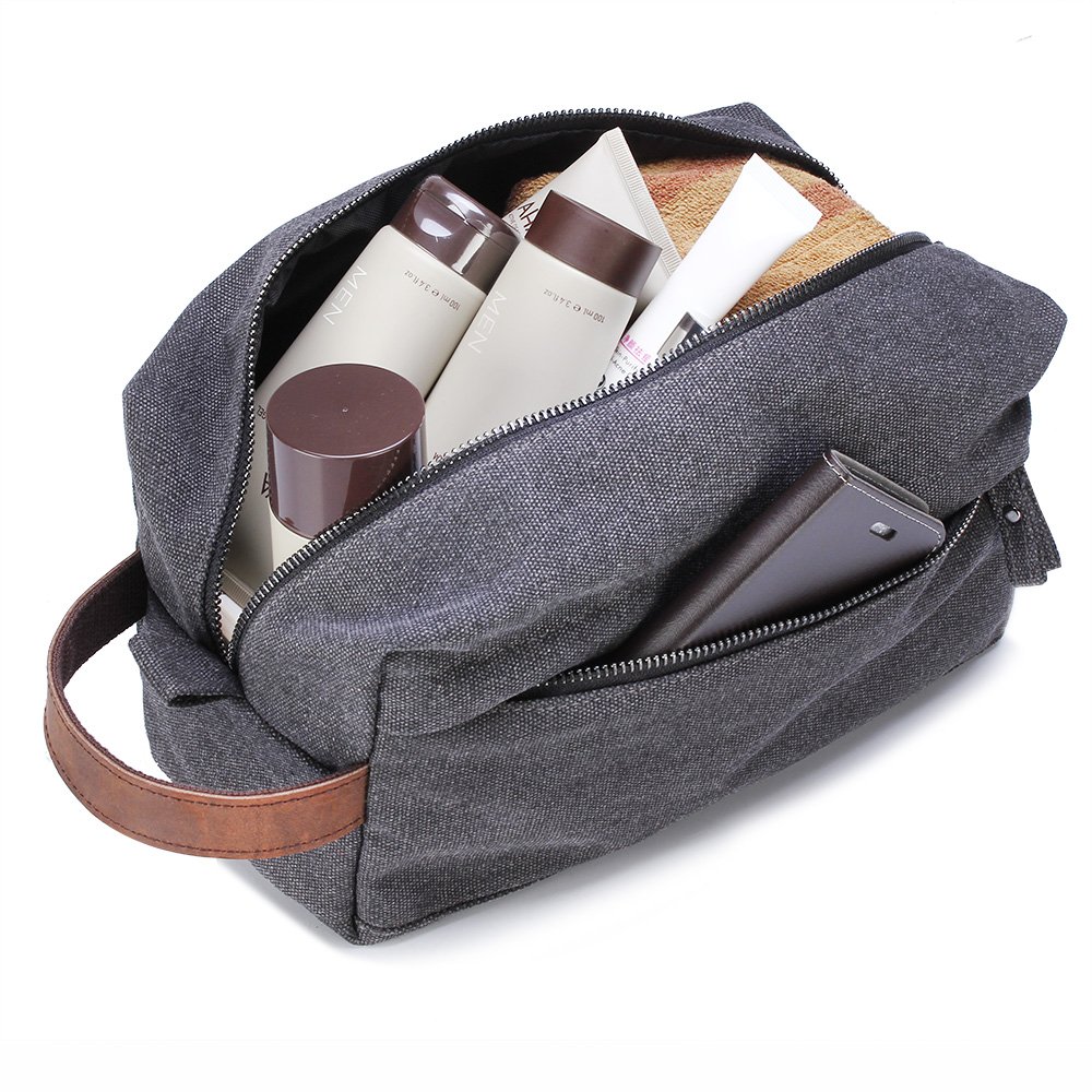 Lucky RainCanvas Travel Toiletry Bag, Dopp Kits with Genuine Leather Handle