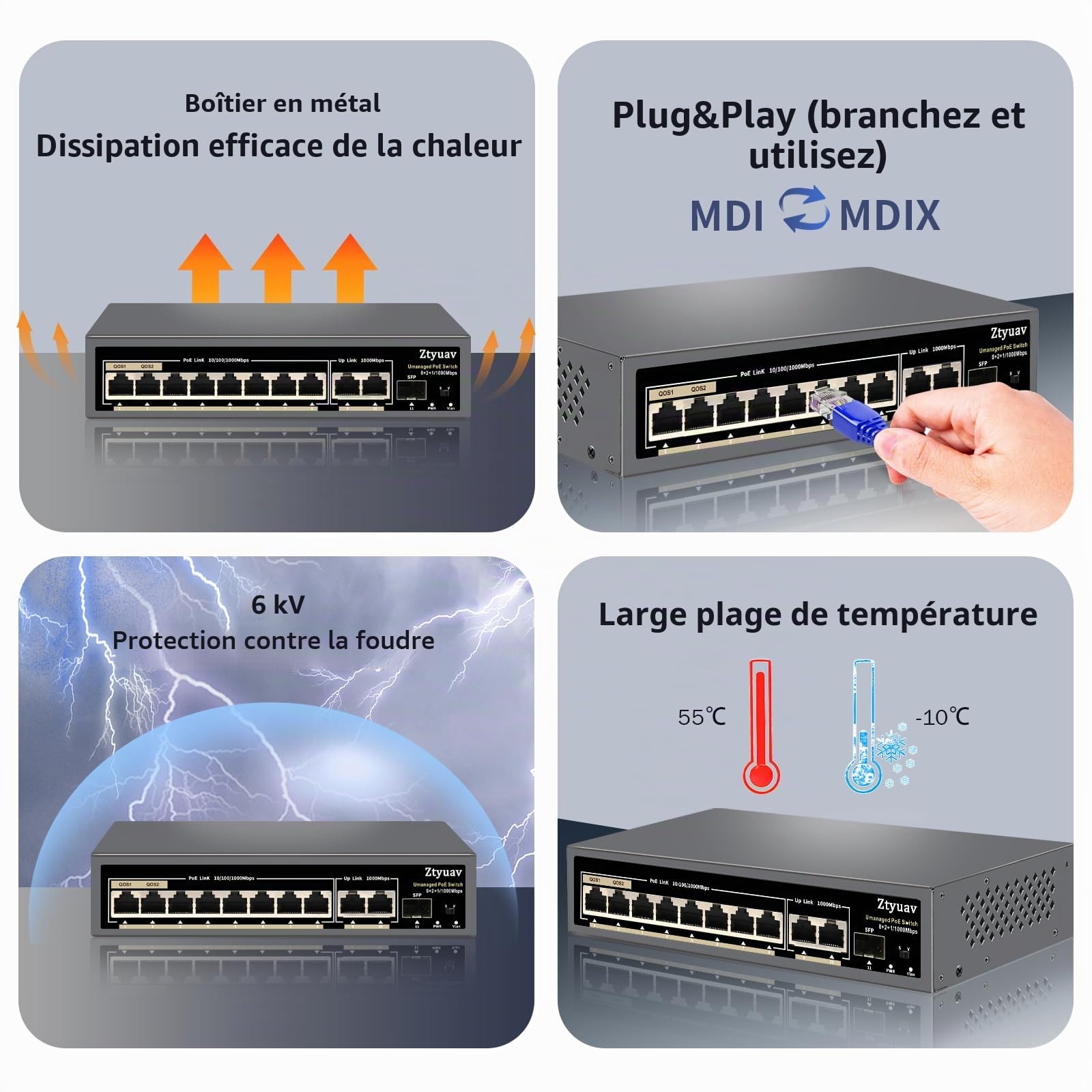 Commutateur PoE Gigabit Non géré 11 Ports Complet avec 8 Ports PoE+ à 120 W, 2 Liaisons Montantes et 1 Emplacement SFP IEEE802.3af/at, QoS, détection Automatique PD, Protection 6 KV (11)