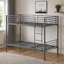 Reinforced Beds ANMER Single Over Single Metal Bunk Bed, Heavy Duty Steel Bed Frame with Reversible Ladder, Reinforced Mesh Base, Safety Guardrails, Space Saving Bunk Bed for Kids & Adults, Grey