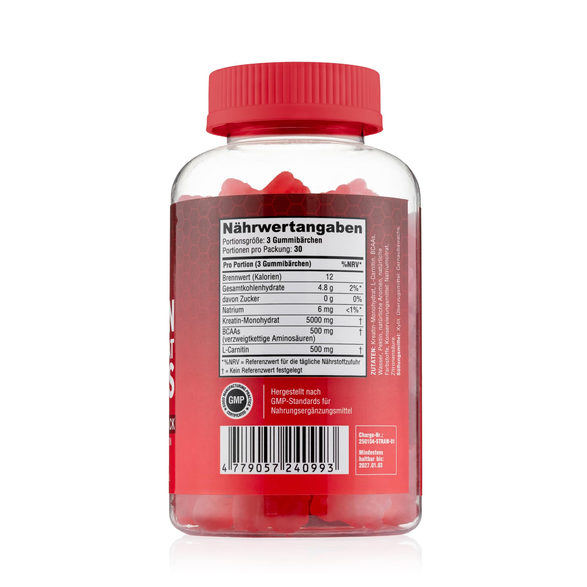 Creatin Monohydrat Gummibärchen - 5000 mg Kreatin mit BCAAs & L-Carnitin pro Dosis - Für Muskelaufbau - Zuckerfrei, Anti-Schmelz-Formel, Vegan, Glutenfrei - 30 Portionen (90 Stück, Erdbeere)