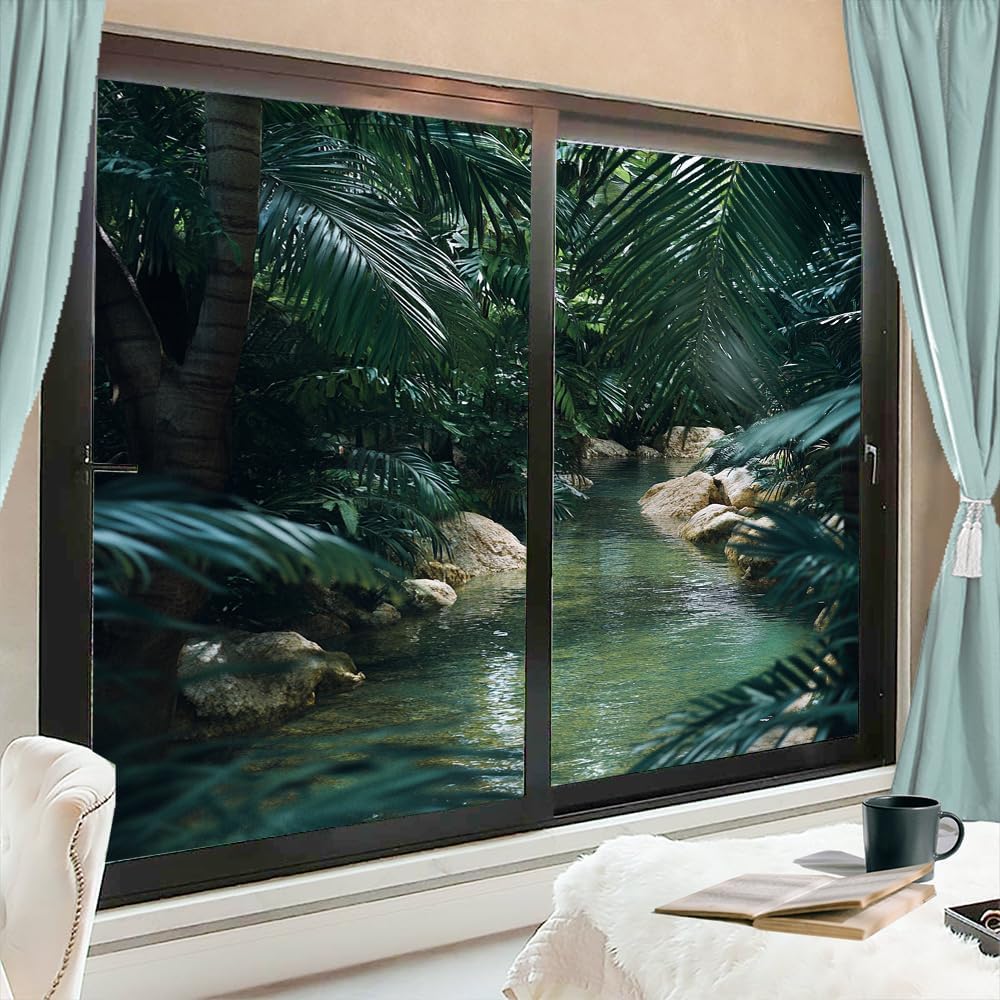 Vintage Tropical Landscape Window Privacy Film Natural Green Plants River Stained Glass Window Film Decorative Window Sticker for Home Window&Glass Door, Sun Blocking 31.5Wx55.1L inch x 2pcs
