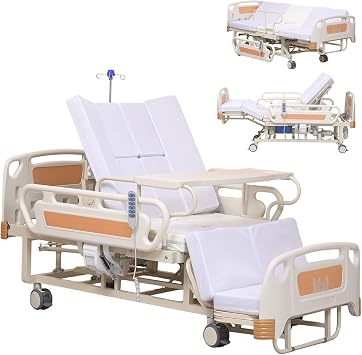 Full Electric Home Care Hospital Bed, Side Turning & CPR Flat Function, Built-In Bedpan, Removable IV Pole, Silent Lock Wheels, High Density Mattress, 550Lbs Capacity for Elderly Bedridden Users