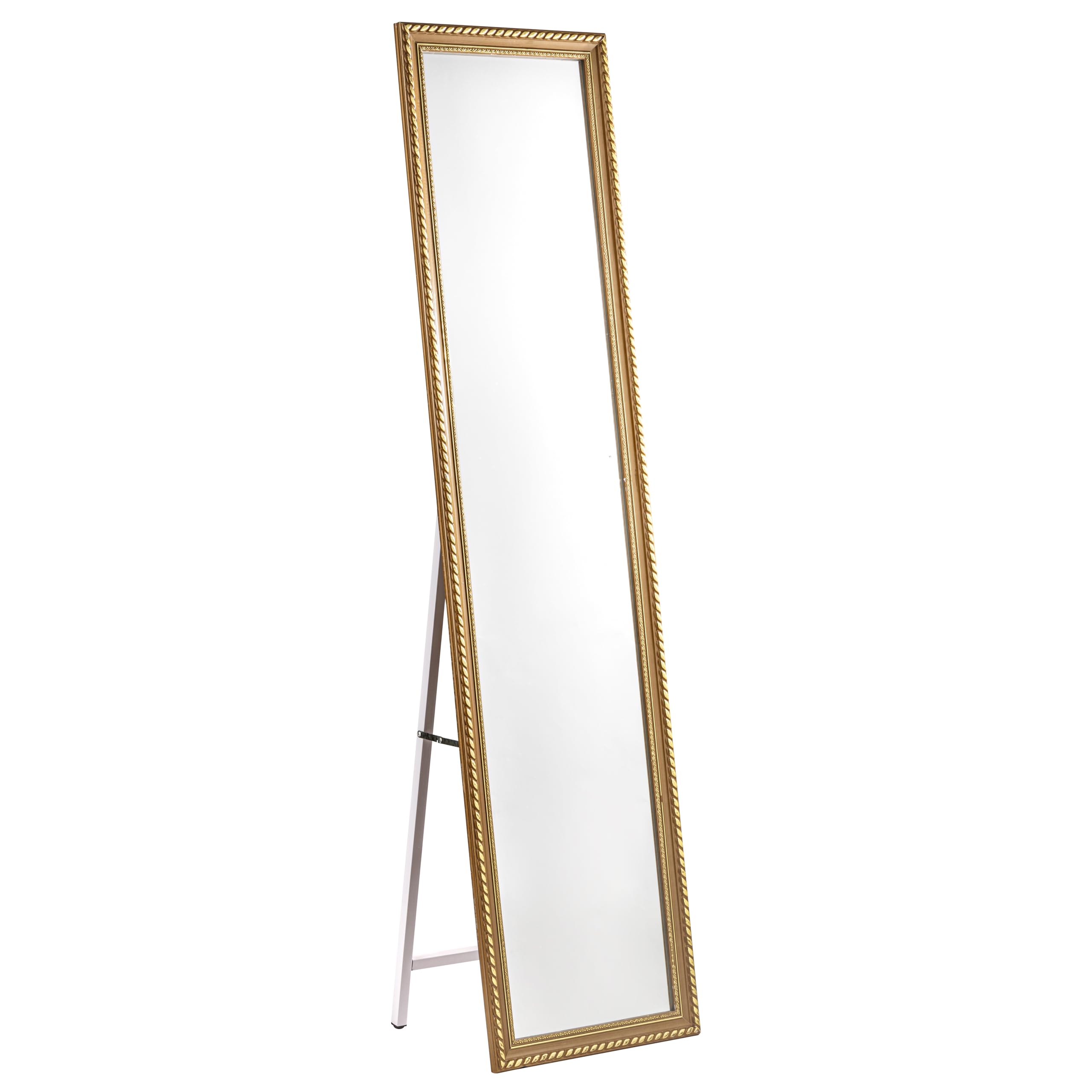 Baroni Home Espejo de Pie de Cuerpo Entero con Estructura de Acero, Espejo de Figura Completa con Soporte Plegable con Marco Decorado de Madera, Rizos Dorados, 40X150 cm