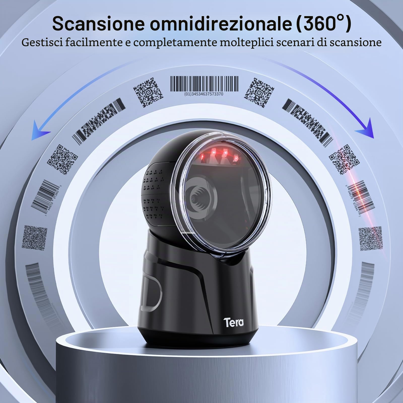 Tera Scanner codici a barre Desktop Omnidirezionale: 1D 2D QR Scanner codici a barre cablato USB Testina di scansione regolabile per POS Supermercato Vendita al dettaglio Pagamento mobile Modello 9000