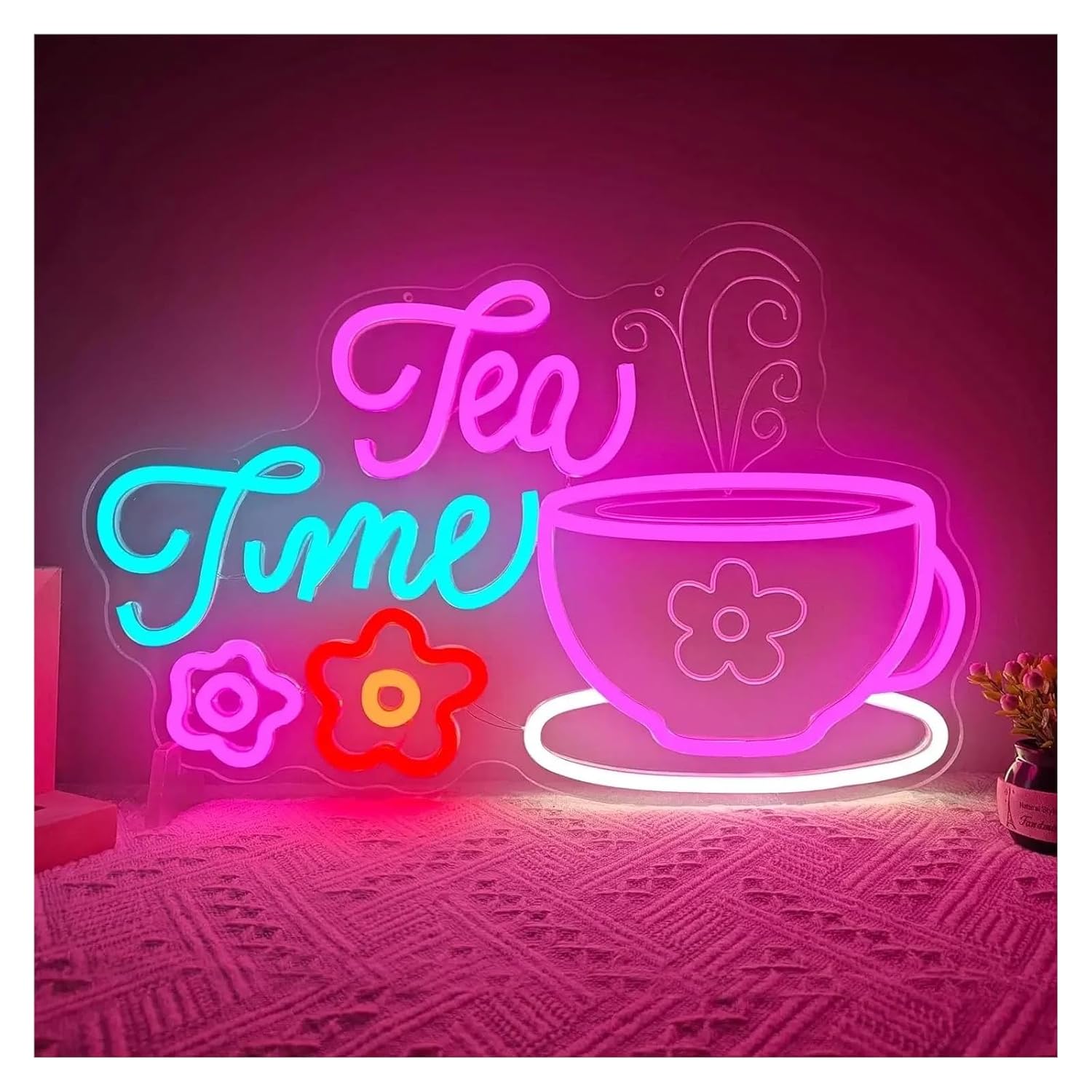ネオンサイン LED Tea Time ネオンサイン LEDライト 調光可能 ガーデン フローラル ティーポット ティーカップ プリ