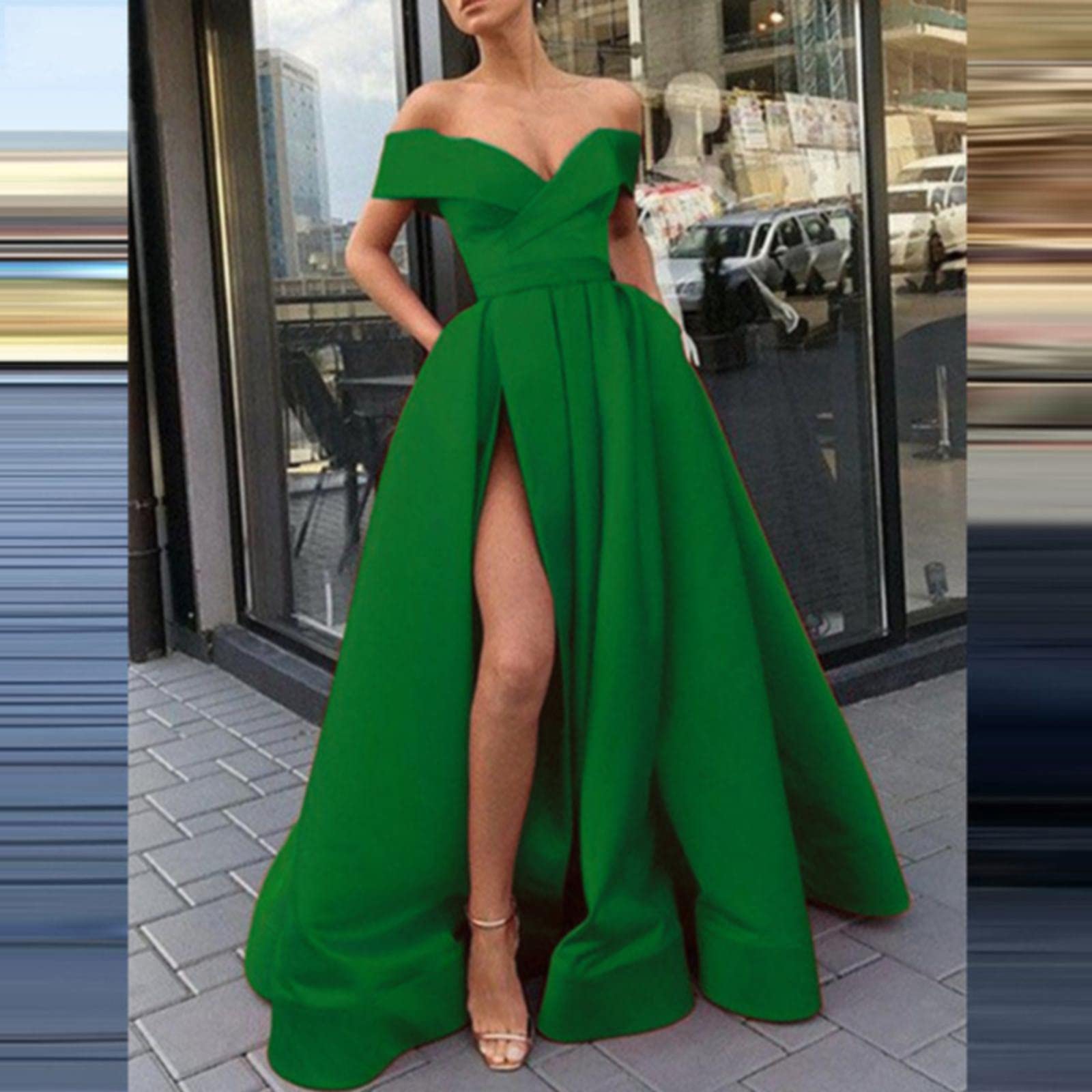 Generisch Vestido de cóctel negro de manga larga para mujer, vestido largo para mujer, elegante, cuello halter sin espalda, vestido largo de satén, espaguetis para fiesta, abertura lateral, boda