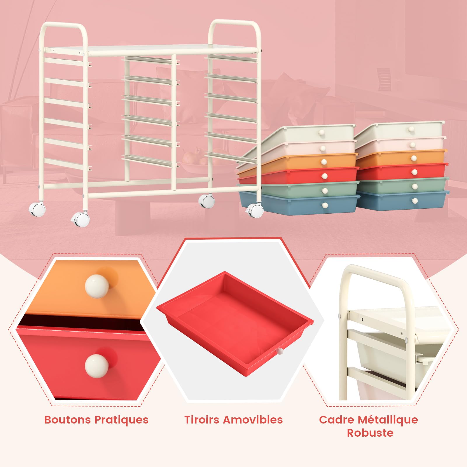COSTWAY Chariot de Rangement à Roulettes 12 Tiroirs en PP, Tour de Rangement avec Tablette, Roues Universelles, Cadre en Métal, Desserte Meuble Tiroir pour Bureau École Salon (Macaron)