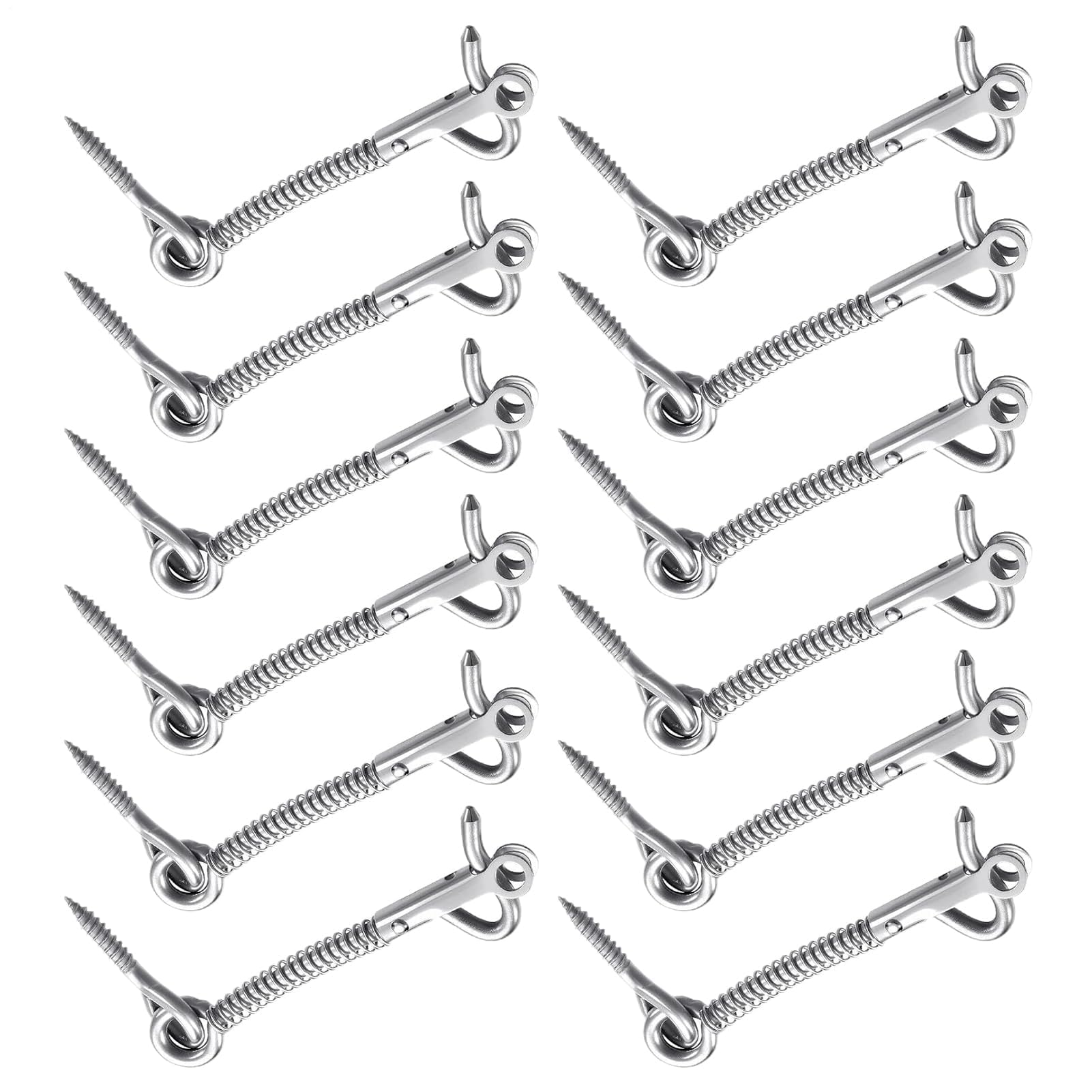 Paquete de 12 ganchos de puerta de acero inoxidable con ojal, pestillo con resorte para baño, cobertizo, puerta de piscina, spa, armario y puertas de granero, accesorios de seguridad duraderos