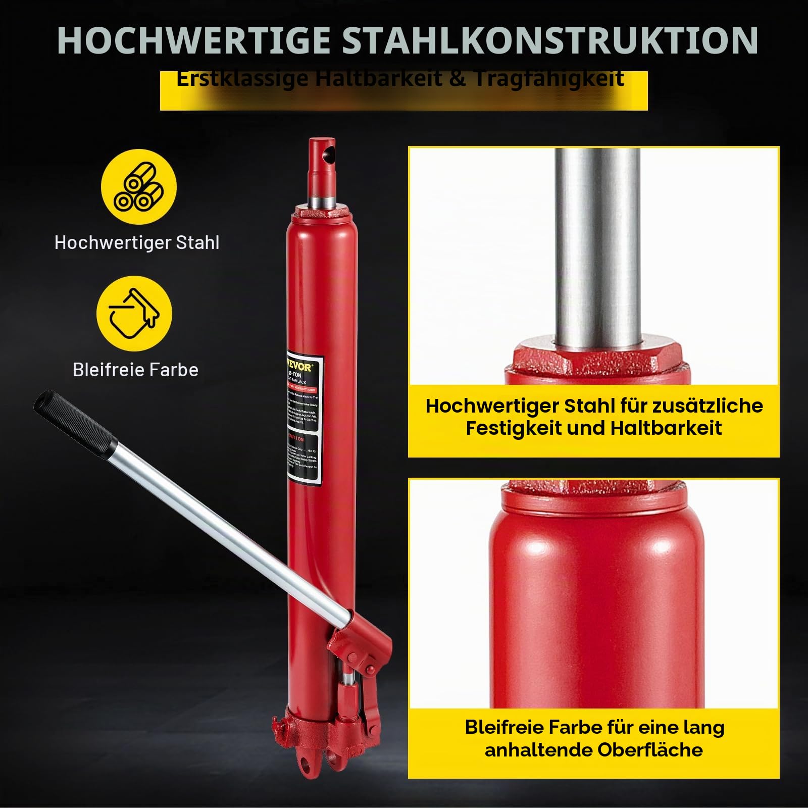 VEVOR Hydraulischer Langer Rammenheber, 8 Tonnen/17363 lbs Kapazität, mit Einzelkolbenpumpe und Gabelkopfsockel, manueller Hubarbeitsbühnenheber mit Griff, für Garagen-/Ladenkräne, Motorhubwerk, rot
