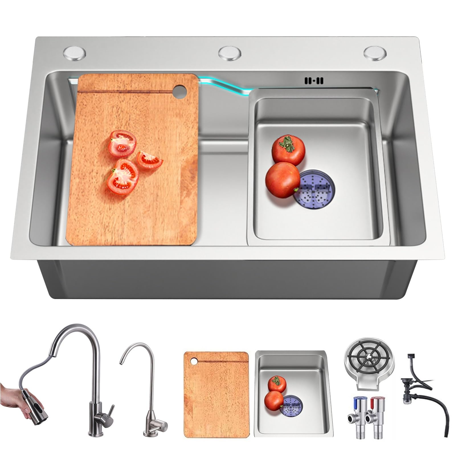 YADZISW Stainless Steel Single Bowl Kitchen Sink - 68x45cm Drop In Workstation with Sliding Accessories Farmhouse Style Topmount Multiple Functional