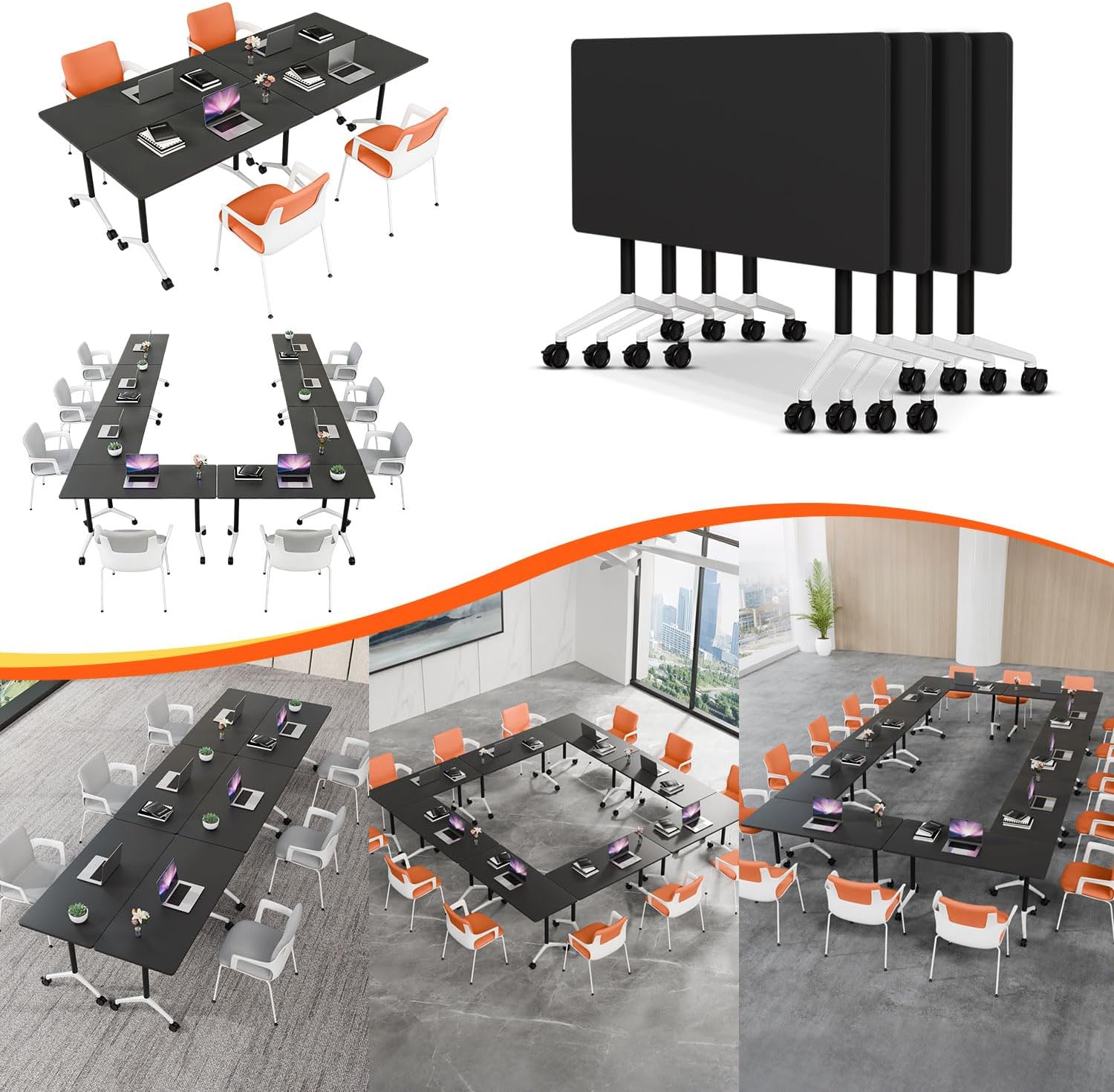 - Modular Conference Table,Flip Top Mobile Meeting Table with Wheels,Folding Conference Room Tables,Modern Stackable Training Seminar Tables for Classroom,Meeting Room & Executive Room (4, C, 62.9in)