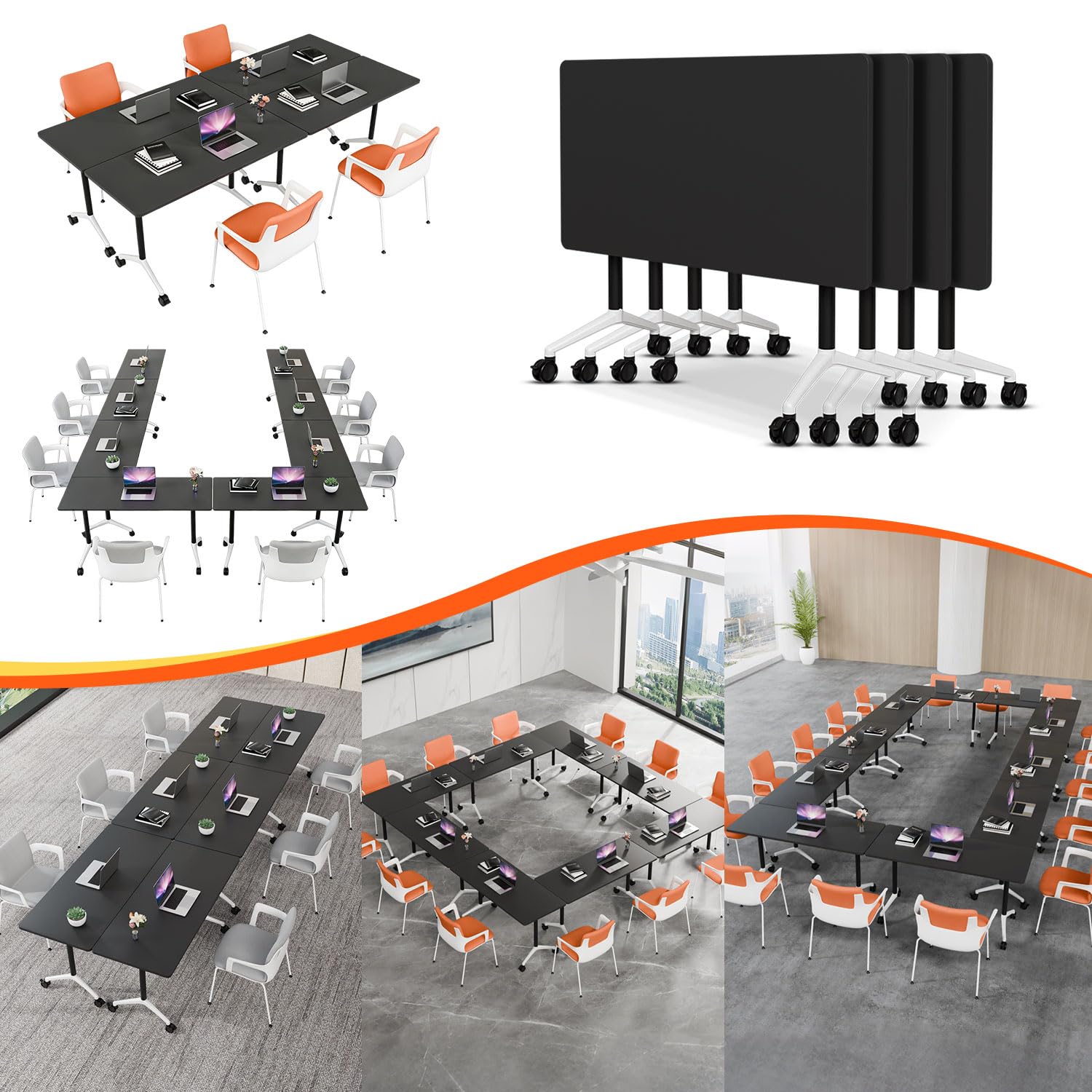 Modular Conference Table,Flip Top Mobile Meeting Table with Wheels,Folding Conference Room Tables,Modern Stackable Training Seminar Tables for