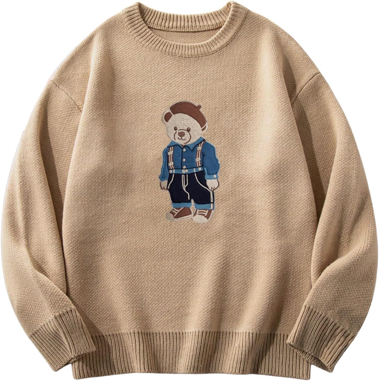 SHENHE Men's Oversized Crew Neck Cute Bear Sweater Vintage Unisex Preppy Graphic Sweater Jumper Khaki Mdeium