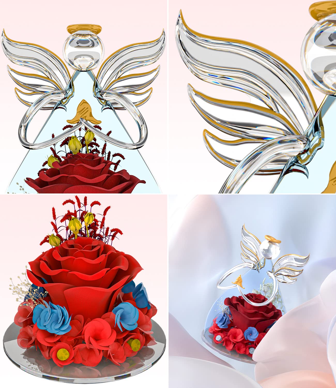 Rosa Stabilizzata Con Angelo Di Vetro Laspi - Regalo Per La Festa Della Mamma, Compleanno, Natale O Anniversario - Foto 8