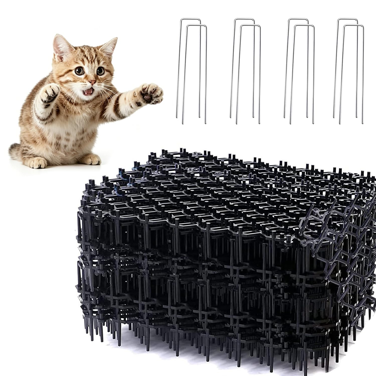 Cat Scat Mat, 12 Pack 20x15cm Cat Repellent Spike with 8 Pegs, Plastic Anti-Cat Digging Mat for Outdoor Indoor Garden Yard Fence, Flexible Spliceable Pet Deterrent Prickle Stirp to Keep Cats Dogs Away