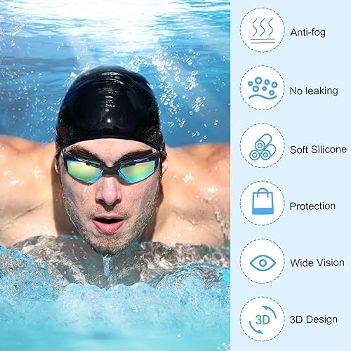 Miniatura 5 de Flutesan Paquete de 6 gafas de natación para adultos y niños, anti niebla, con tapones para los oídos, clip para la nariz, sin fugas, protección