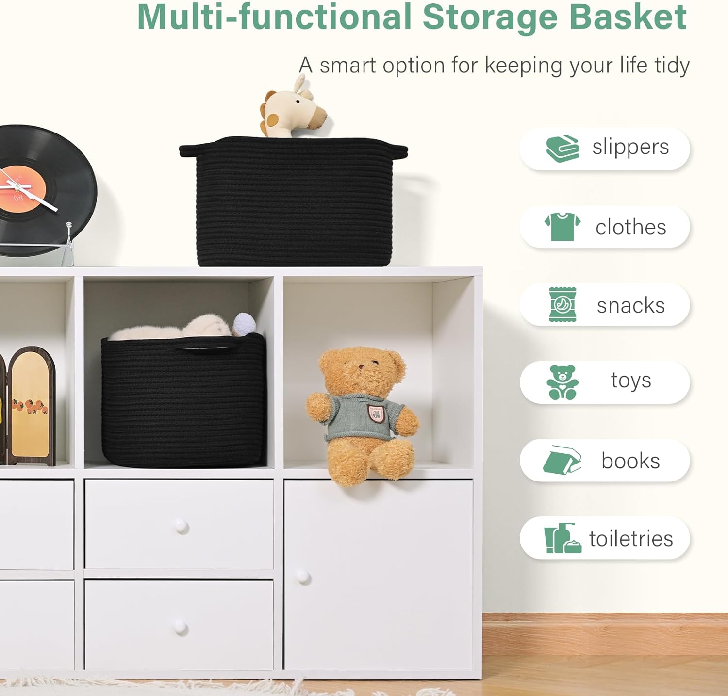 13"x10"x9" Cotton Rope Storage Basket, Woven Baskets with Handles for Organizing Home Office, Shelves, Nursery, Laundry, and Toys,Empty Gift Basket (Black, 1 Pack)