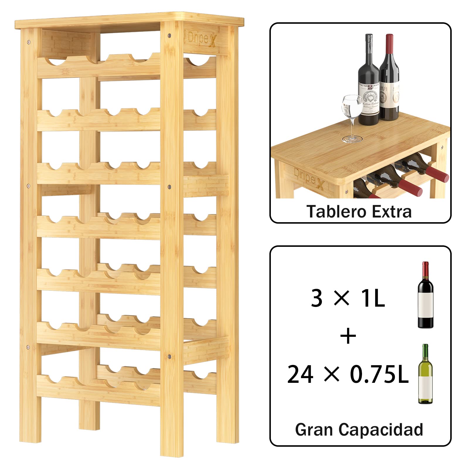 Dripex Botellero Vino para 27 Botellas de 750ml y 1L, 7 Niveles, Botellero de Exhibición Vertical, Ideal para Cocina, Bar, Salón, Comedor, Bodegay Sótano, 47 x 29 x 102 cm