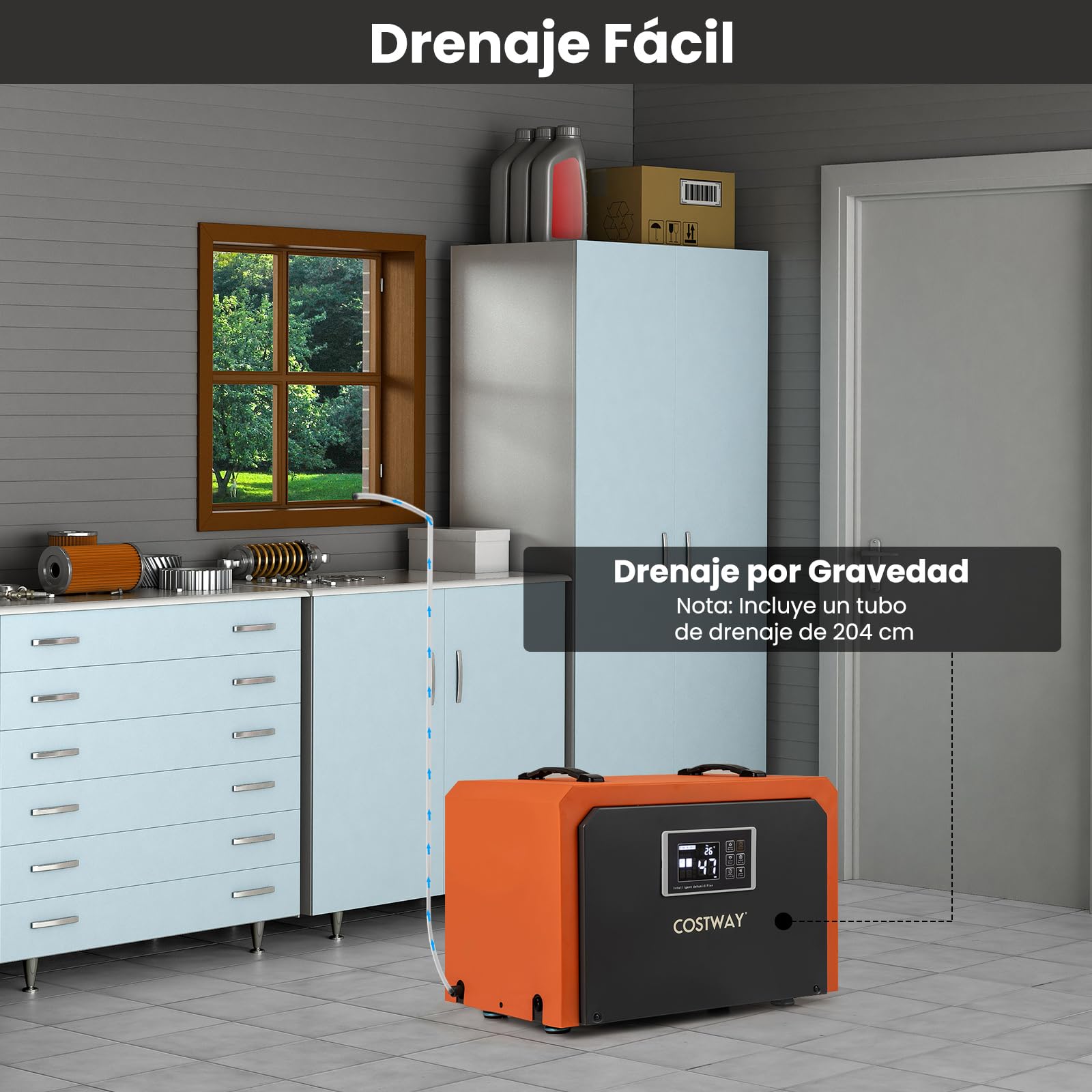 COSTWAY Deshumidificador Industrial 60L/día, Deshumidificador Comercial con Manguera de Drenaje, Temporizador 24H, Descongelación Automática, para Sótano, Almacén, hasta 560 ㎡