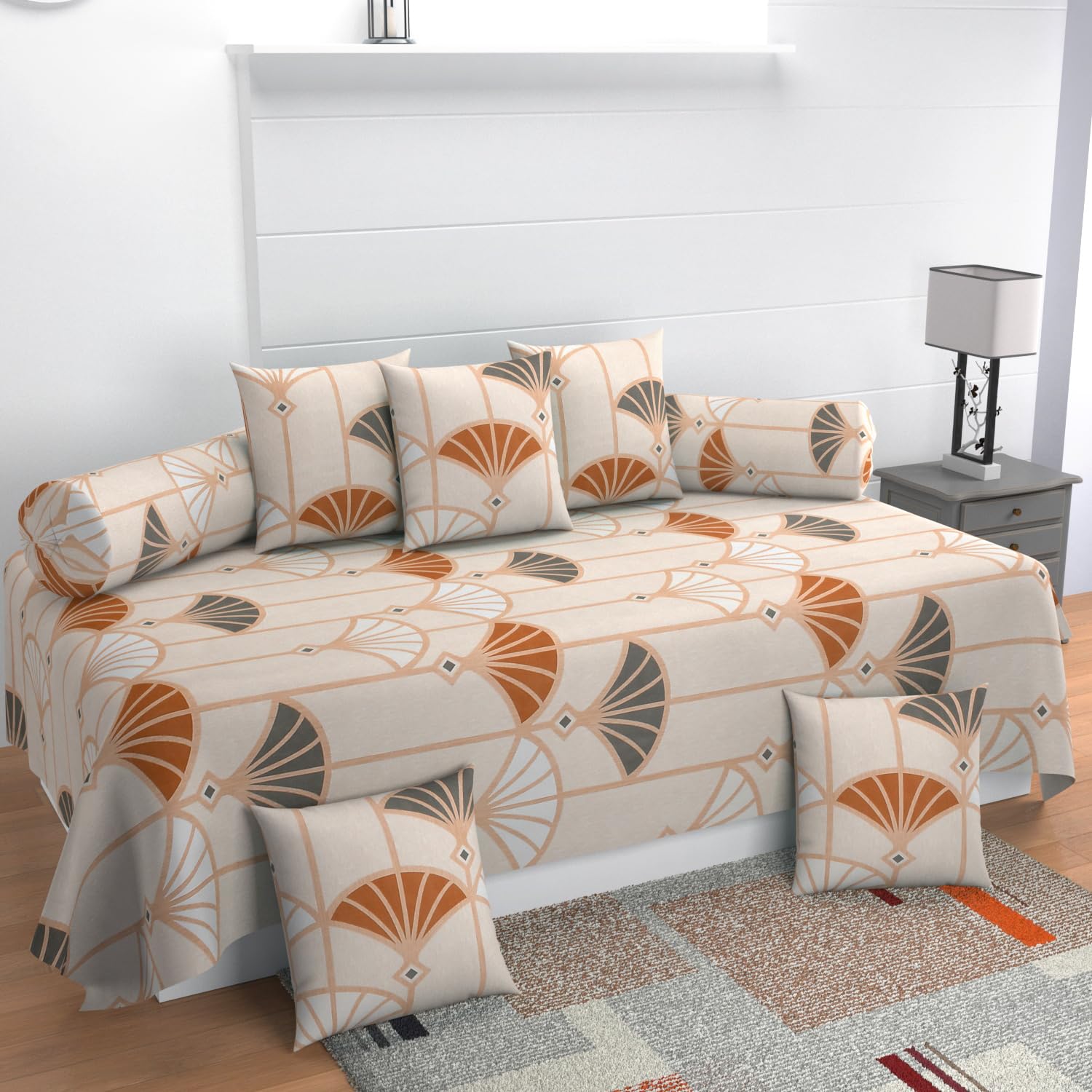 MANIQATEX Art Deco Diwan Cover Set with 7 Pieces, Fan Pattern, Cream and Orange, Cotton-image-25