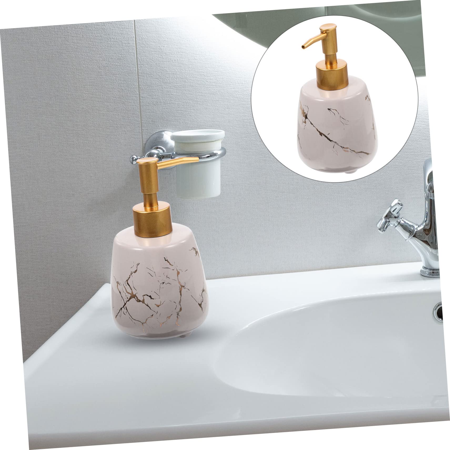 Dispensador de Jabón Líquido Rellenable Bomba Prensa 350 Ml Cerámica Gris Mármol Portátil para Baño y Ducha sin Fugas